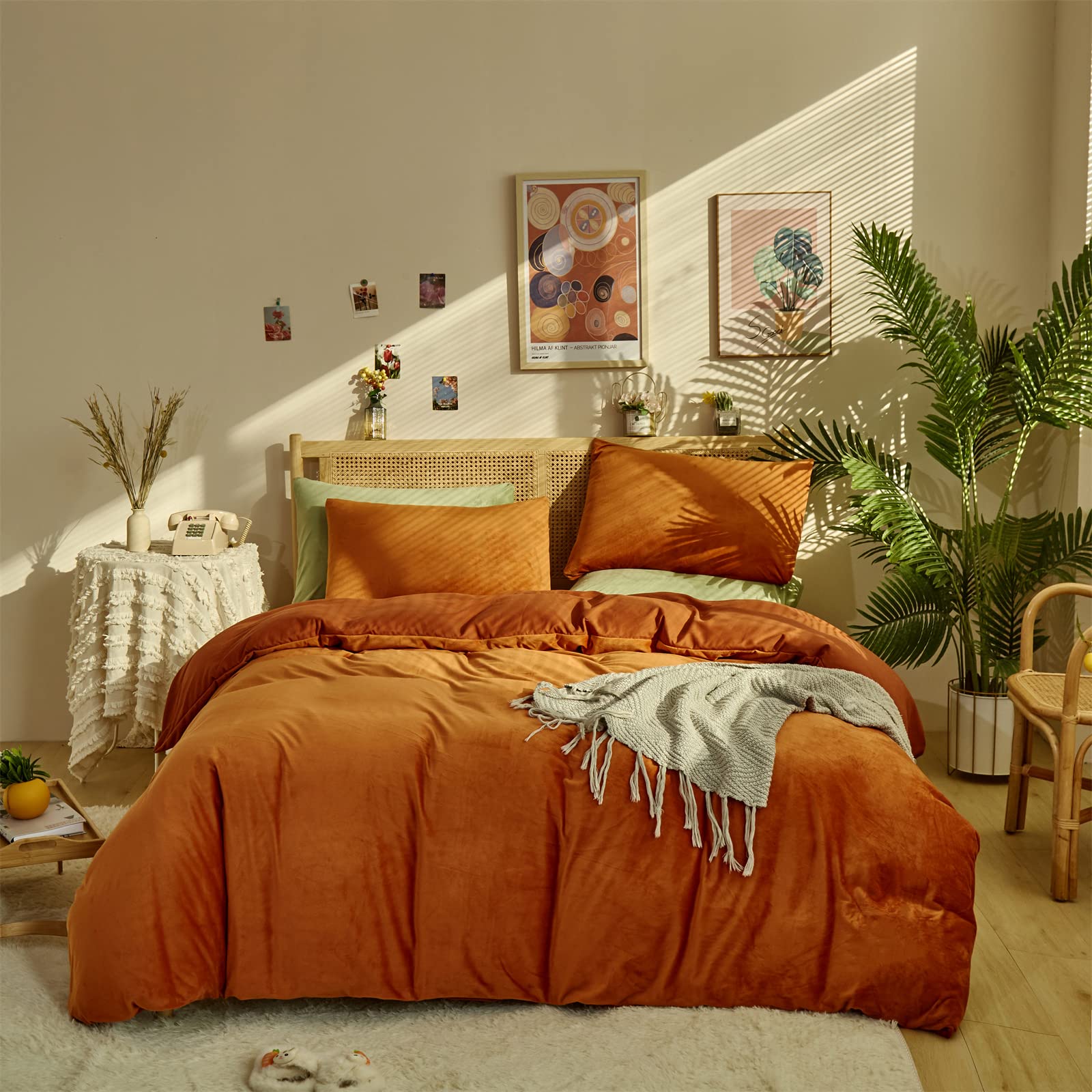 Wellboo Queen Size Burnt Orange Velvet Comforter Set - 3 Piece Fluffy Plush Bedding for Women & Girls | Rust Caramel Solid Color Terracotta Flannel Quilt | Warm Winter Blanket for Cozy Bedroom Decor & Modern Aesthetic Home Styling