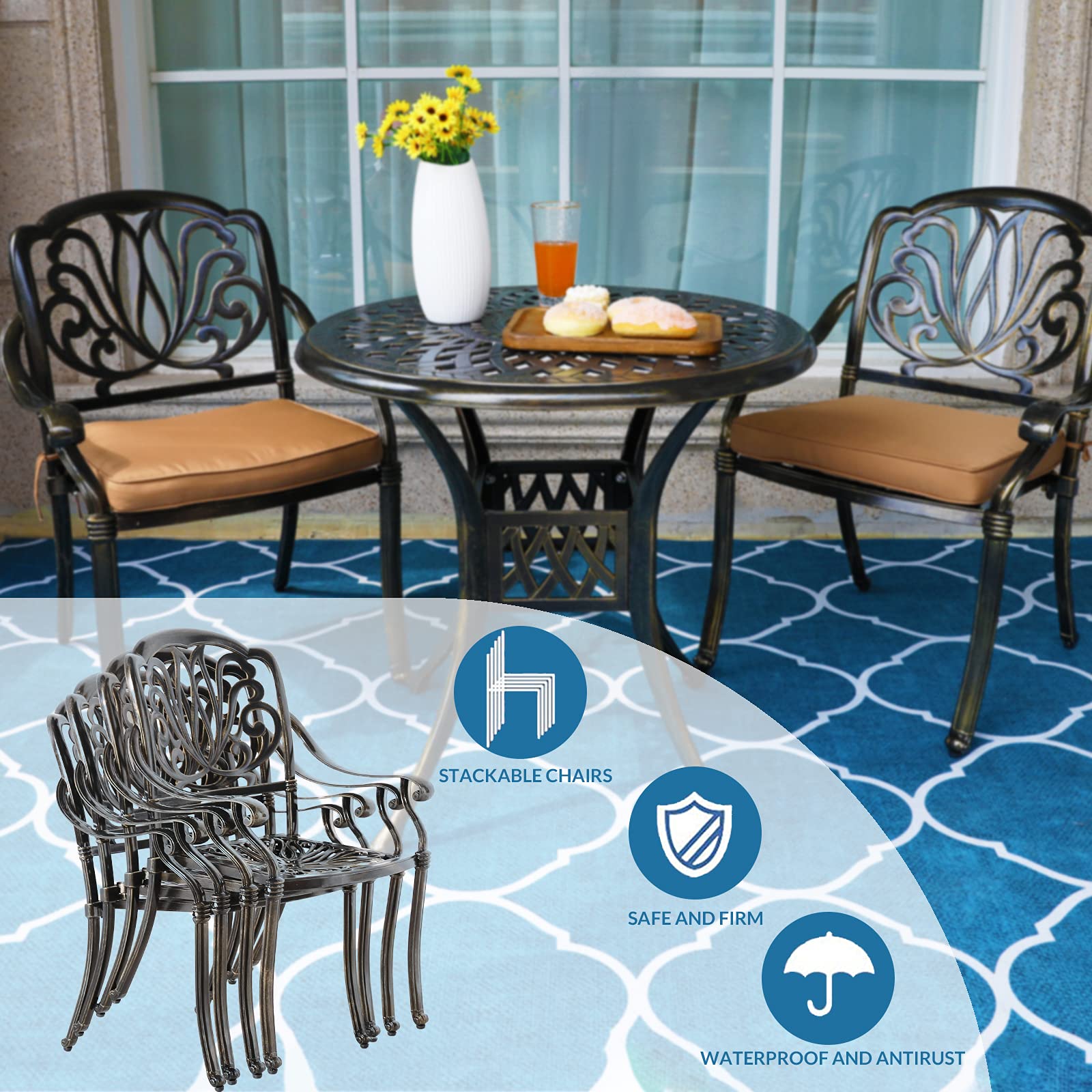 MEETWARM 3-Piece Outdoor Patio Bistro Set - All-Weather Cast Aluminum Dining Furniture with 2 Cushioned Chairs & 31