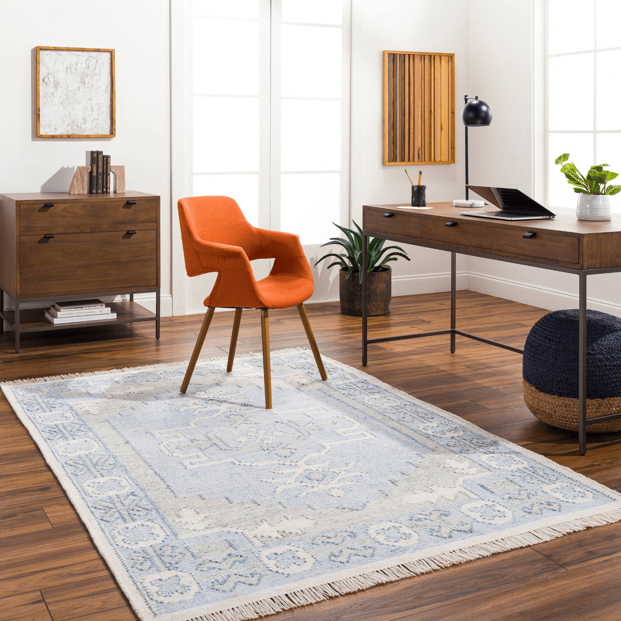 Eco-Friendly Blue & Cream Recycled PET Yarn Area Rug - Multiple Size Options for Living Room, Bedroom & Office Decor
