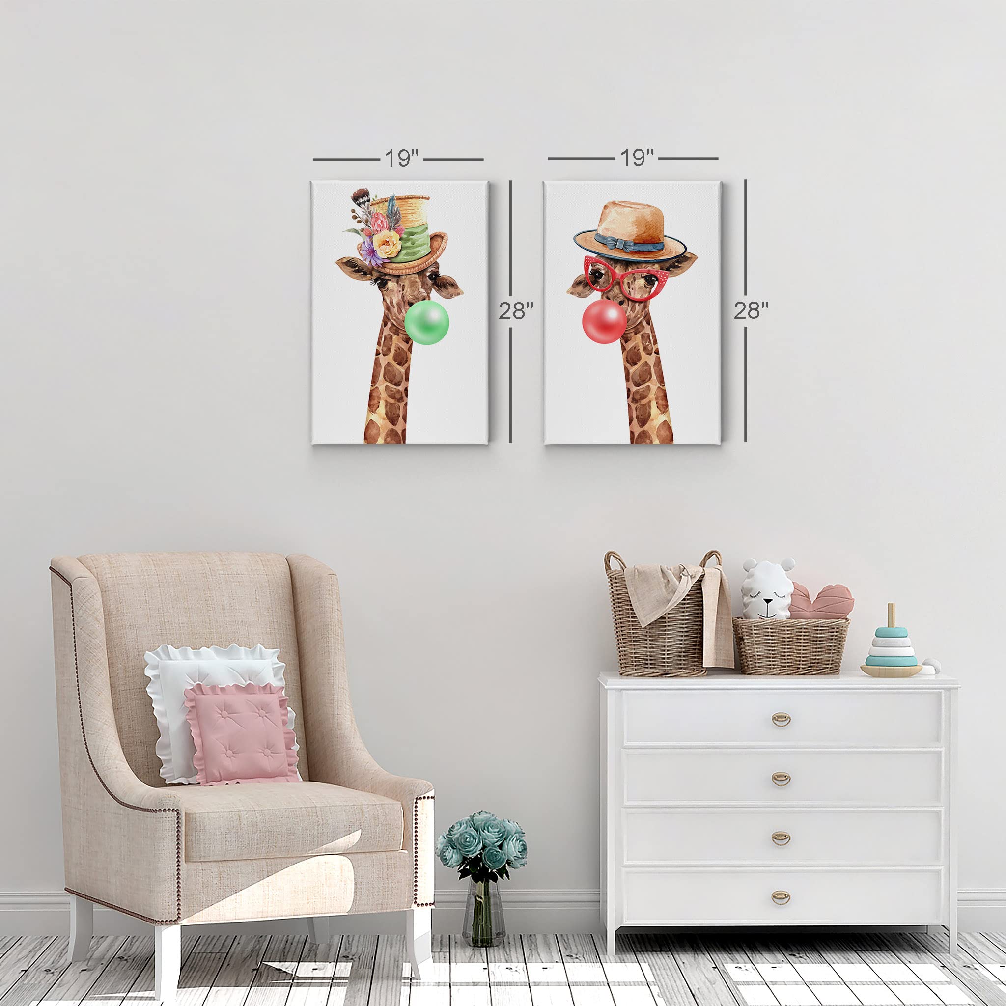 Smile Art Design Giraffe Portrait with Flowered Hat Chewing Bubble Gum - 2 Piece Canvas Wall Art Set, Animal Pop Art for Living Room, Bedroom, Nursery & Kids Room Decor (22x15 Inches) - Perfect for Modern Home, Office & Gift Giving