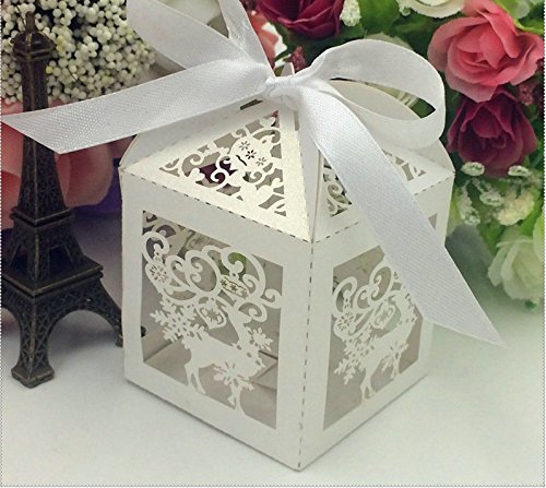 50 PCS Laser Cut Christmas Reindeer Candy Boxes - White Pearl Paper Party Favor Boxes for Holiday Decorations, Wedding Showers & Chocolate Gifts