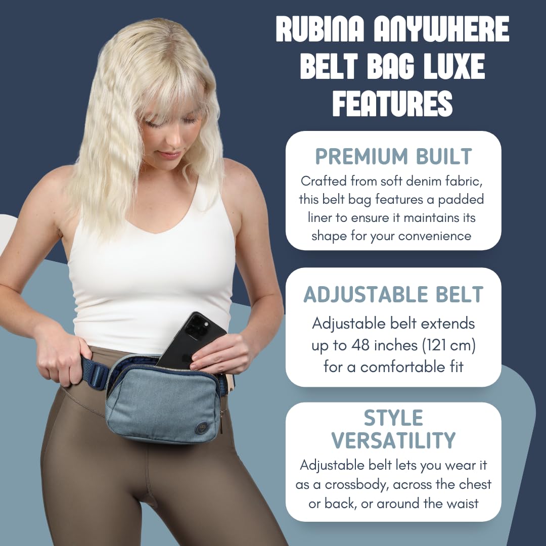 Rubina Anywhere Belt Bag LUXE - Adjustable Crossbody Fanny Pack for Women & Men | Water-Resistant Waist Bag for Hiking, Running, Travel, Gym, Workout, Festivals | Chest Bag with Metal Buckle (Blue Jeans) | Perfect for Outdoor Adventures, Daily Commute & Hands-Free Activities