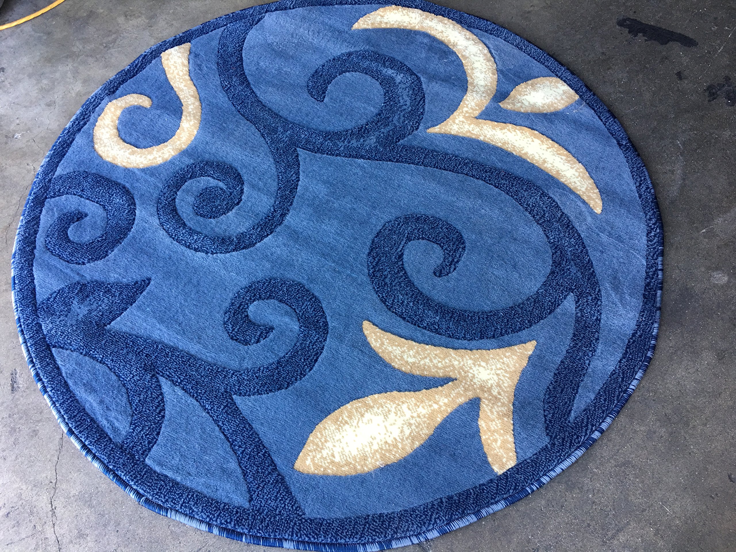 Modern Round Floral Contemporary Area Rug - Light Blue & Beige Design - 7'9