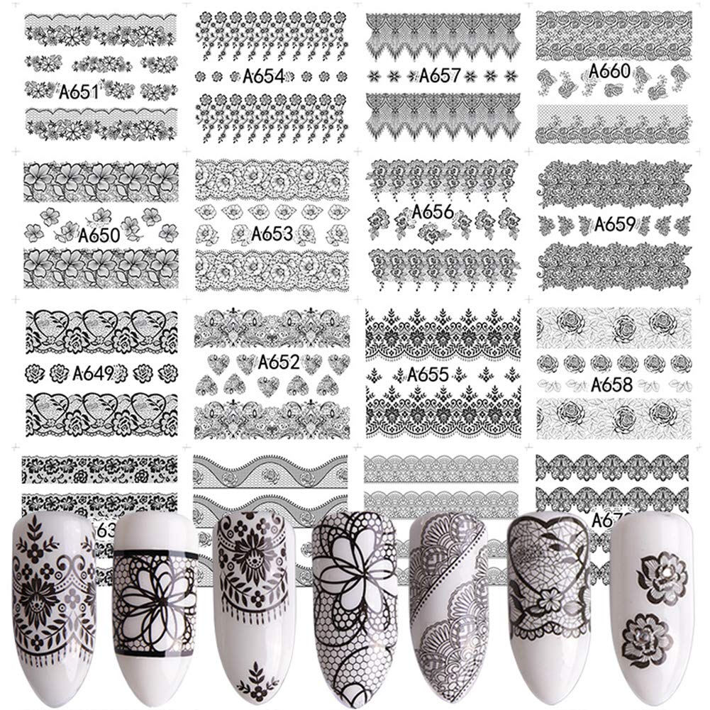 48 Pcs Black Lace Nail Art Stickers - Floral Water Transfer Decals for DIY Nail Decoration | Perfect for Manicures, Pedicures, and Special Occasions
