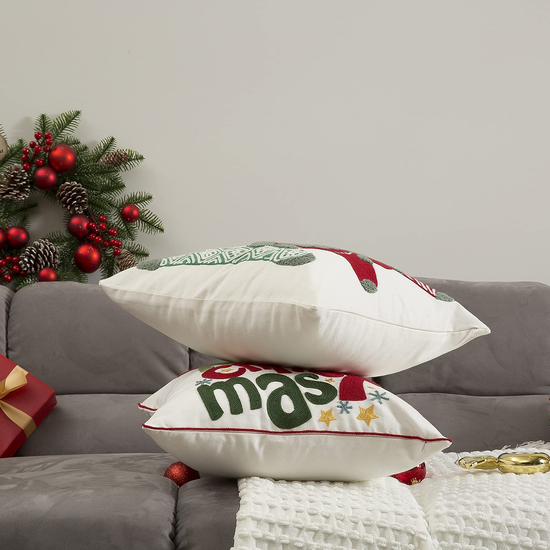 Festive Christmas Pillow Cover Set of 2 - 18x18 Inch Embroidered Cotton Linen Holiday Cushion Covers for Sofa, Living Room - Perfect for Xmas Decor, Winter Home Accents & Cozy Seasonal Styling