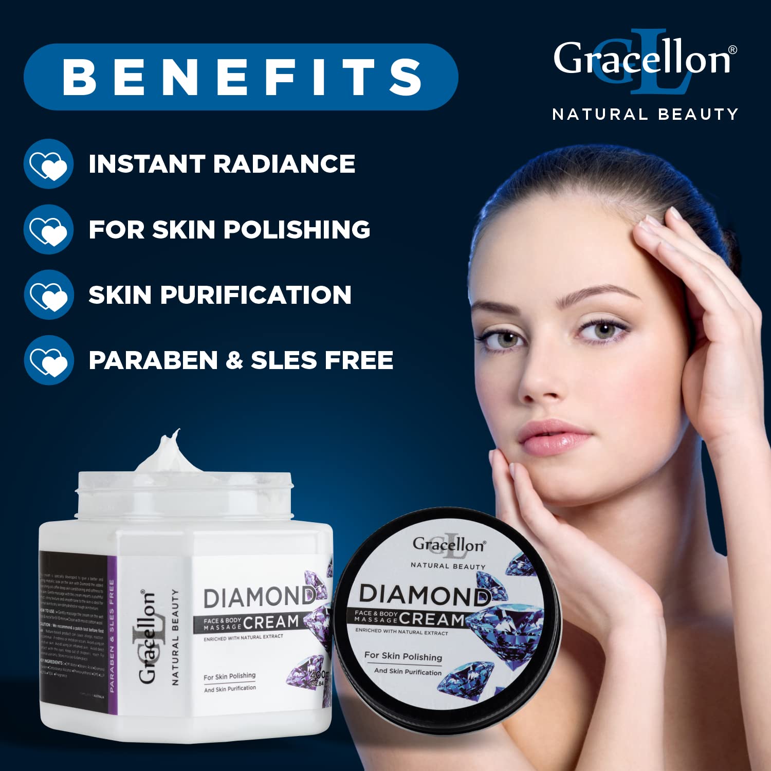 Gracellon Diamond Face & Body Massage Cream - Skin Brightening & Purifying Treatment for Glowing Complexion | Paraben & SLES Free | Perfect for Spa, Home Skincare & Relaxation Therapy