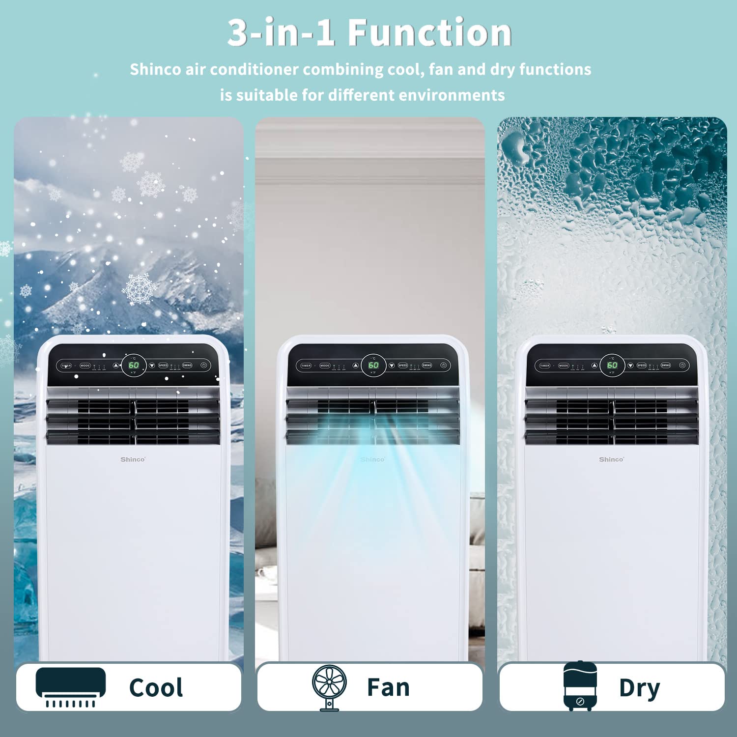 Shinco 12,000 BTU Portable Air Conditioner - 3-in-1 Cooling, Dehumidifier & Fan for Rooms up to 400 sq.ft - Includes Remote Control, 24H Timer & Installation Kit - Perfect for Bedrooms, Offices & Small Apartments