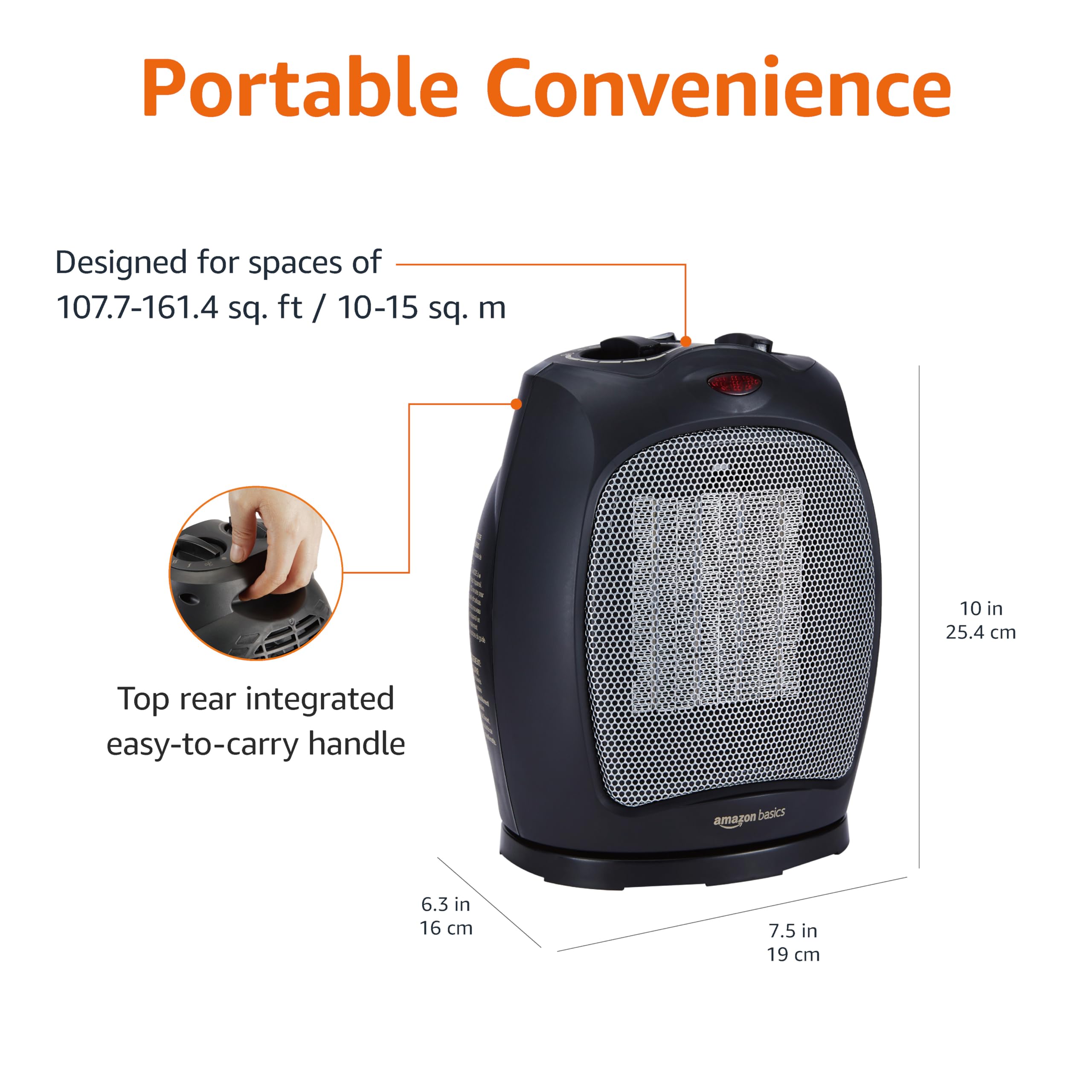 Amazon Basics Oscillating Ceramic Space Heater - 1500W Portable Indoor Heater with Thermostat, Overheat & Tip-Over Protection for Home, Office, Bedroom - Compact 7.52