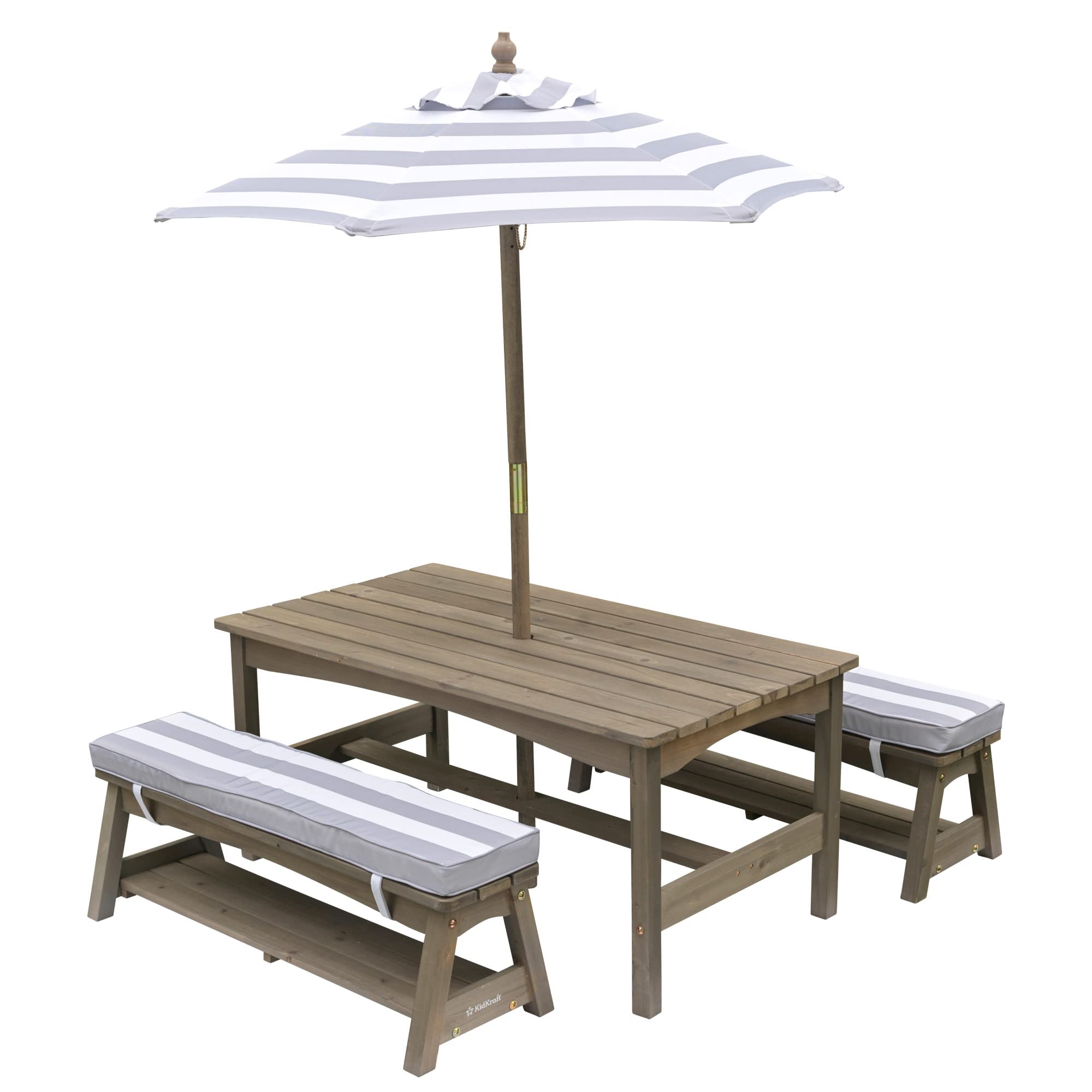 KidKraft Outdoor Wooden Table & Bench Set with Cushions & Umbrella - Durable Kids Backyard Furniture in Gray & White Stripes - Perfect Gift for Ages 3-8 - Ideal for Playdates, Picnics & Outdoor Activities