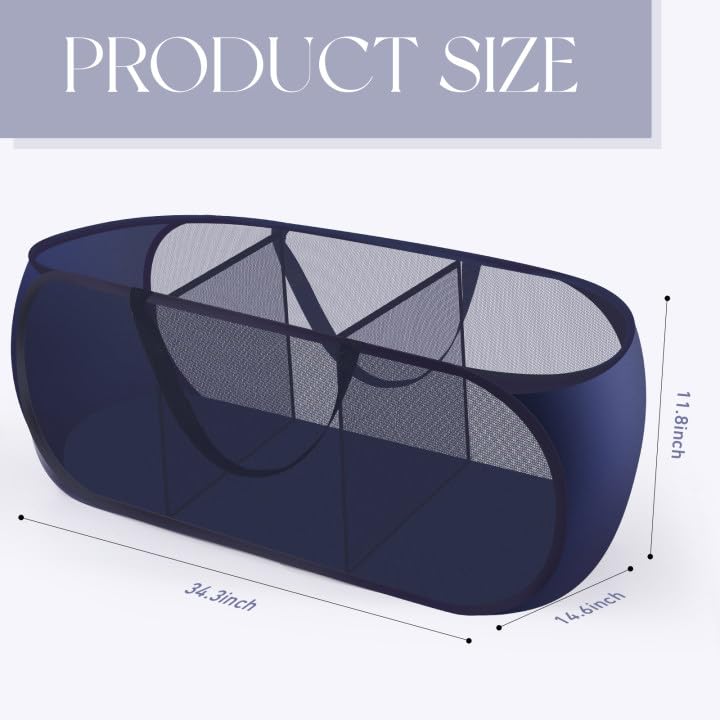 Pop Up Laundry Hamper - 3 Compartment Collapsible Mesh Laundry Basket with Handle, Foldable Clothes Storage Organizer for Home, Travel & Dorm (Navy Blue) | Space Saving & Portable Design for Bedroom, Bathroom & Laundry Room