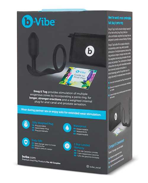 B Vibe Snug and Tug Silicone Cock Ring and Anal Plug - Black | Pleasure Enhancer for Couples & Solo Play | Perfect for Intimate Moments & Sensual Exploration
