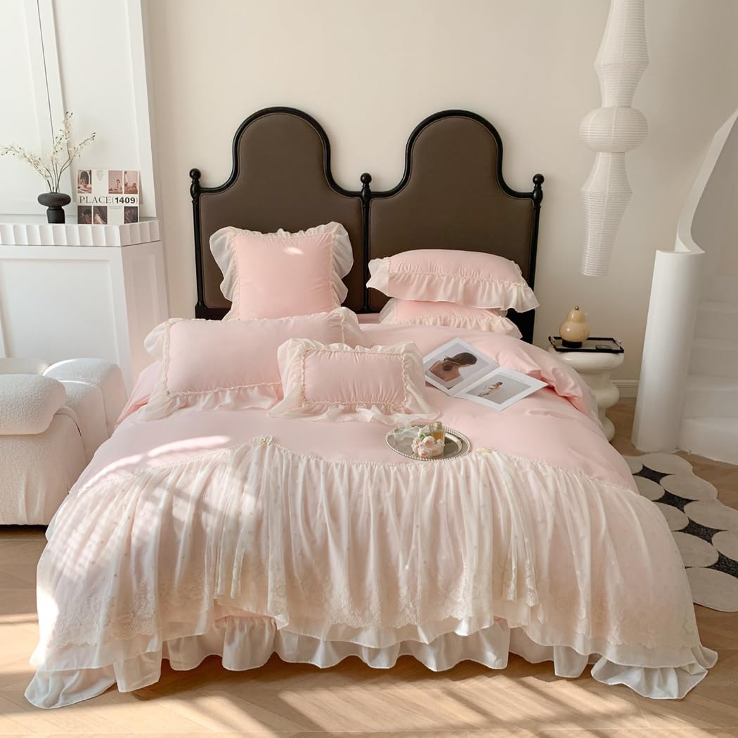IHOUSTRIY Full Size Lace Duvet Cover Set - 3 Piece Chiffon Ruffled Floral Comforter Cover with Zipper Closure & Pillowcase, Princess Style Bedding for Girls (Pink) - Perfect for Teen Bedrooms, Dorm Decor & Romantic Home Styling