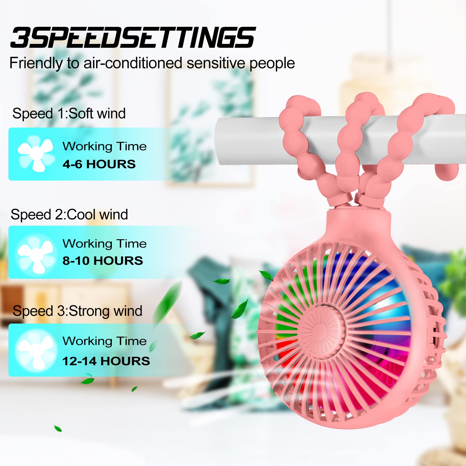Upgraded Stroller Fan - Mini USB Rechargeable Battery Operated Desk Fan with Flexible Tripod & 3 Speed Settings | Portable Clip On Fan for Baby Car Seat, Crib, Treadmill, Office & Home Use (Pink)