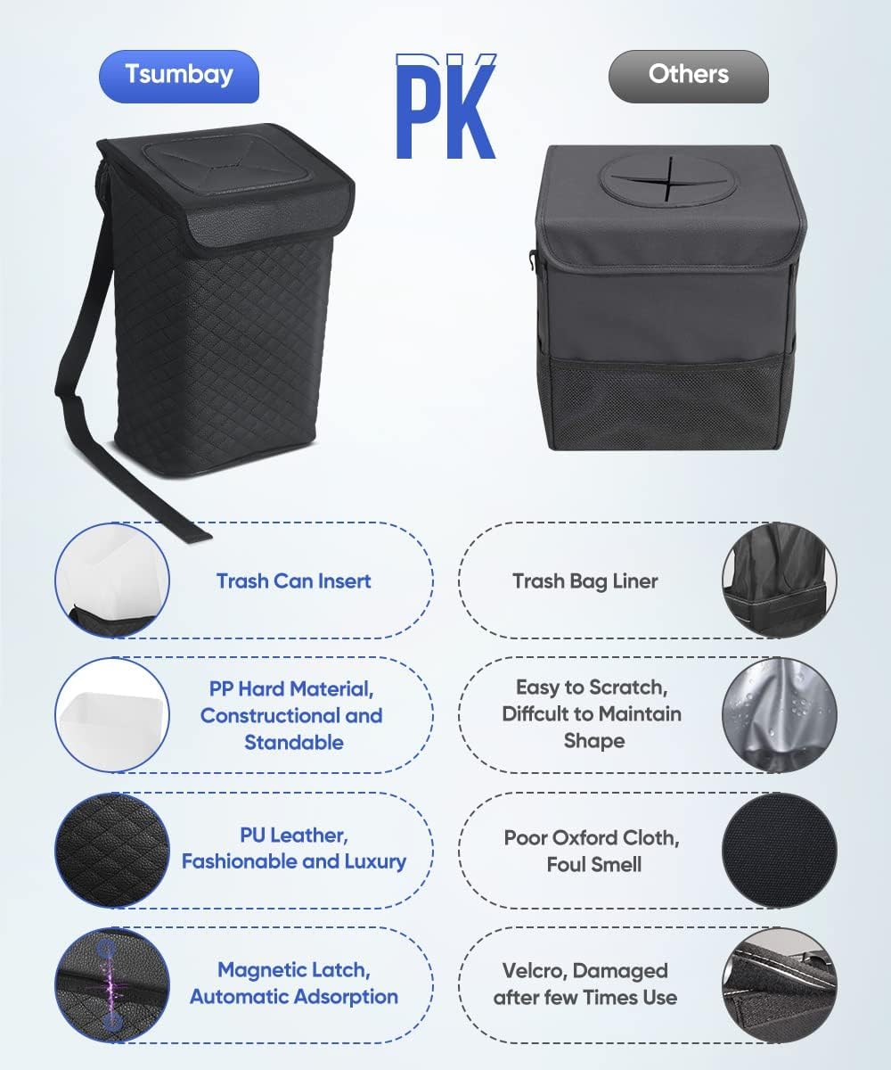 Tsumbay 2 Gallon Car Trash Can with Lid - Leakproof PU Leather Auto Garbage Bin with Removable Waterproof Liner | Hanging Vehicle Waste Container for SUV, Truck, Travel & Camping | Perfect for Road Trips, Commuting & Outdoor Adventures