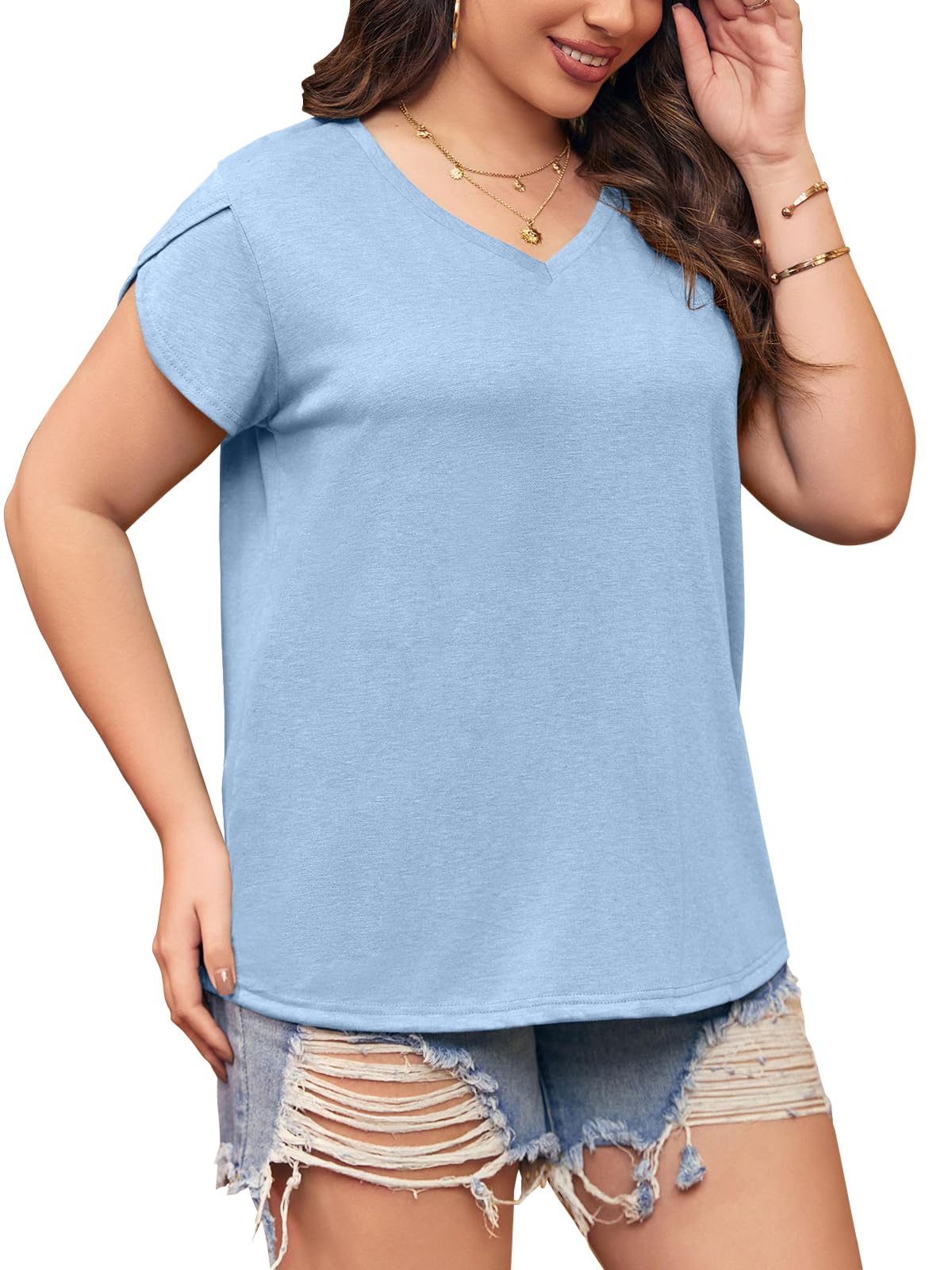 Plus Size Women's V-Neck T-Shirts - Casual Loose Fit Petal Sleeve Tops for Everyday Wear | Perfect for Work, Weekend & Summer Outfits
