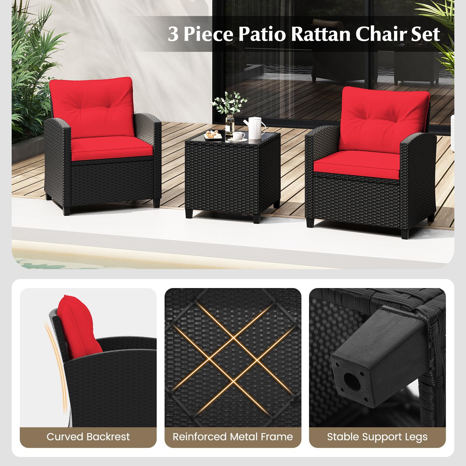 Tangkula 3-Piece Outdoor Patio Furniture Set - Rattan Wicker Sofa Set with Soft Cushions & Glass Coffee Table - Durable Conversation Set for Backyard, Porch, Poolside, Garden (Red) - Perfect for Relaxing, Entertaining & Outdoor Gatherings