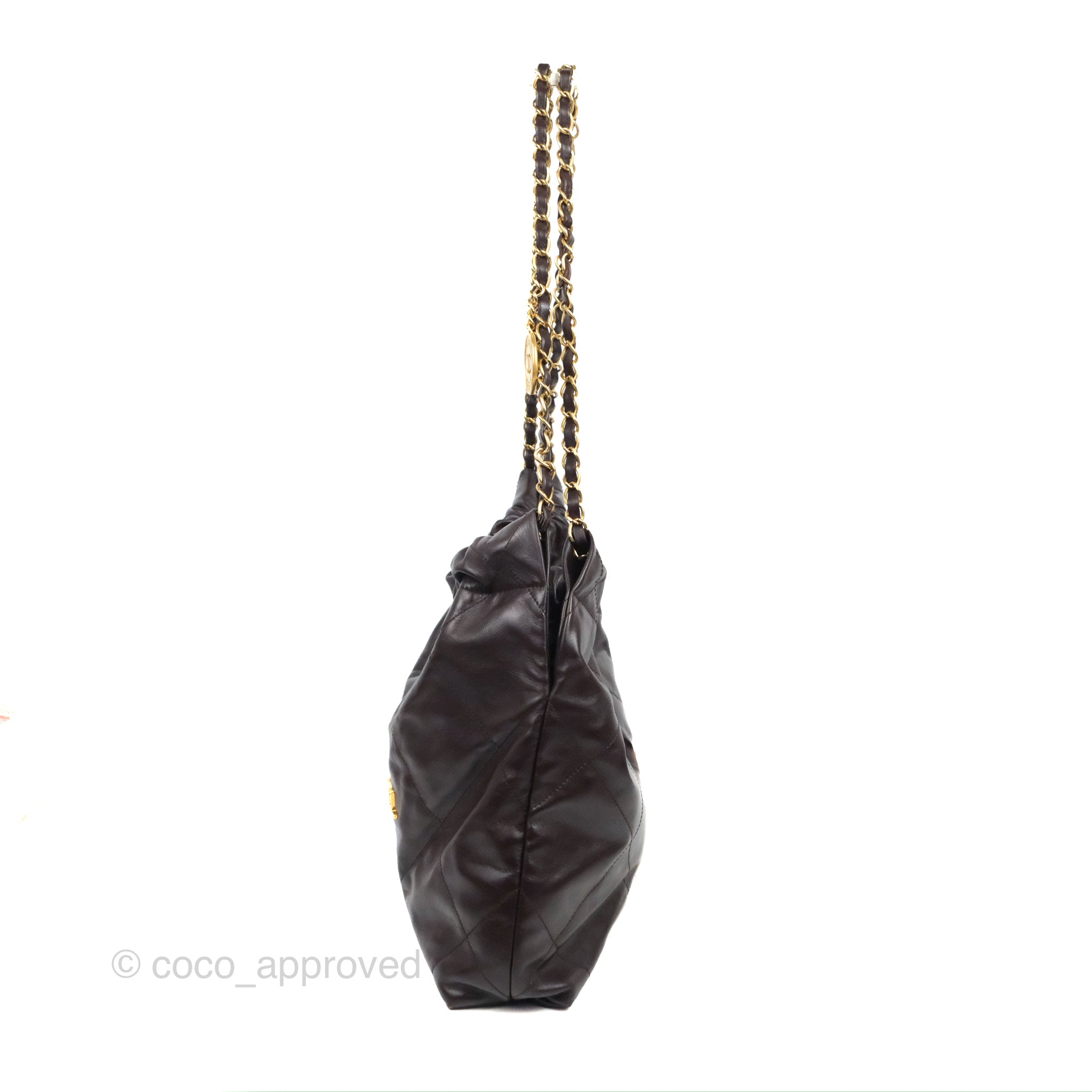 Chanel 22 Small Handbag Dark Brown Shiny Calfskin Leather with Aged Gold Hardware - Luxury Crossbody Bag for Women, Perfect for Date Night & Evening Events