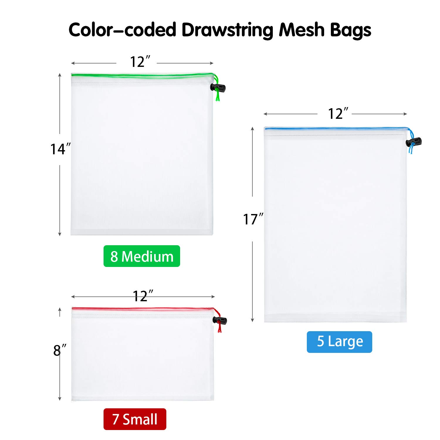 **Frienda 20-Pack Reusable Mesh Produce Bags - Drawstring Washable Storage Pouches (5 Large, 8 Medium, 7 Small) for Groceries, Toys, Puzzles & Organization - Perfect for Kitchen, School & Office (Blue, Green, Red)**