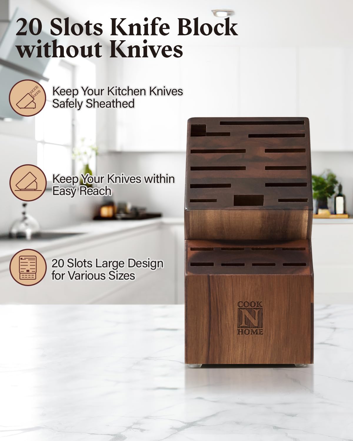 Cook N Home 20-Slot Acacia Wood Knife Block - Universal Countertop Knife Holder & Butcher Block Stand for Kitchen Storage | Perfect for Chefs, Home Cooks & Kitchen Organization
