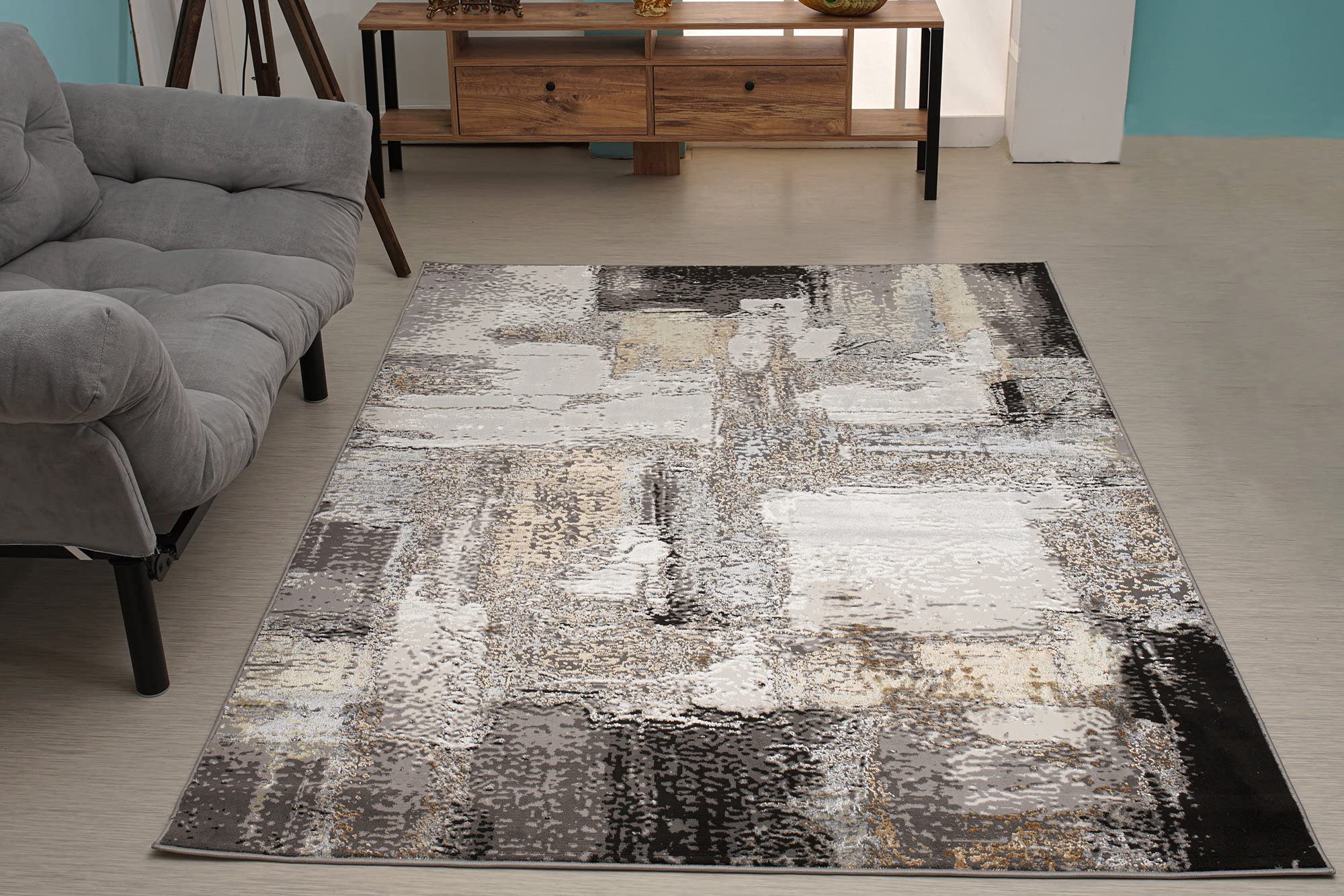 Dole Rugs Cream Copper Gold Grey Metallic Rustic Abstract Patchwork Pattern Area Rug 5'2