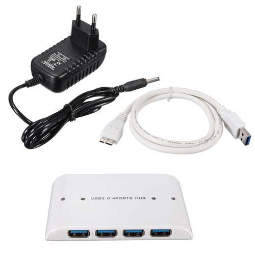 4-Port USB 3.0 Hub with AC Power Adapter - High-Speed Data Transfer (EU/UK/US Plug) - Perfect for Laptop, PC, Gaming & Office Setup