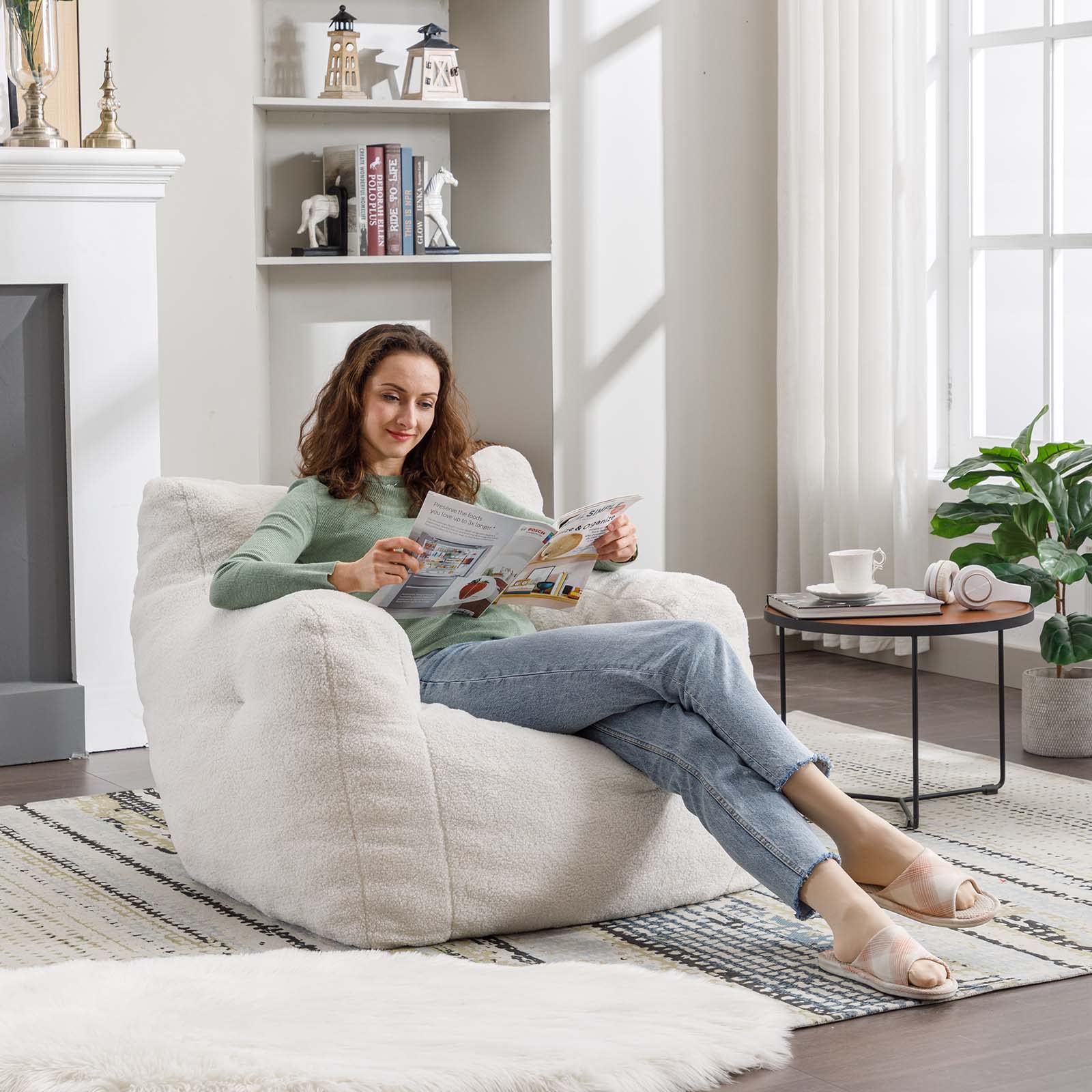 Antetek Ultra Soft Teddy Fabric Bean Bag Chair for Adults & Kids - Modern Accent Chair for Living Room, Bedroom, Apartment - Ivory | Cozy Seating for Relaxation, Gaming & Movie Nights