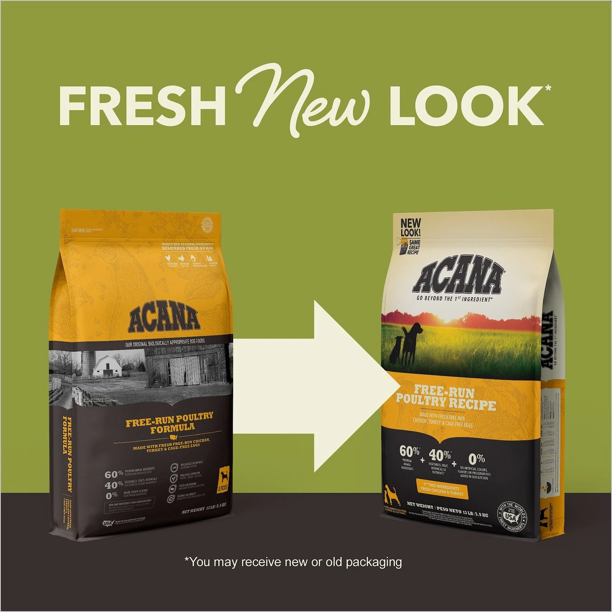 Acana Grain Free Dry Dog Food - 60% Free-Run Poultry Recipe - High Protein Kibble for Active Dogs | Perfect for Adult Dogs & Puppies with Sensitive Stomachs | Ideal for Daily Feeding & Training Treats