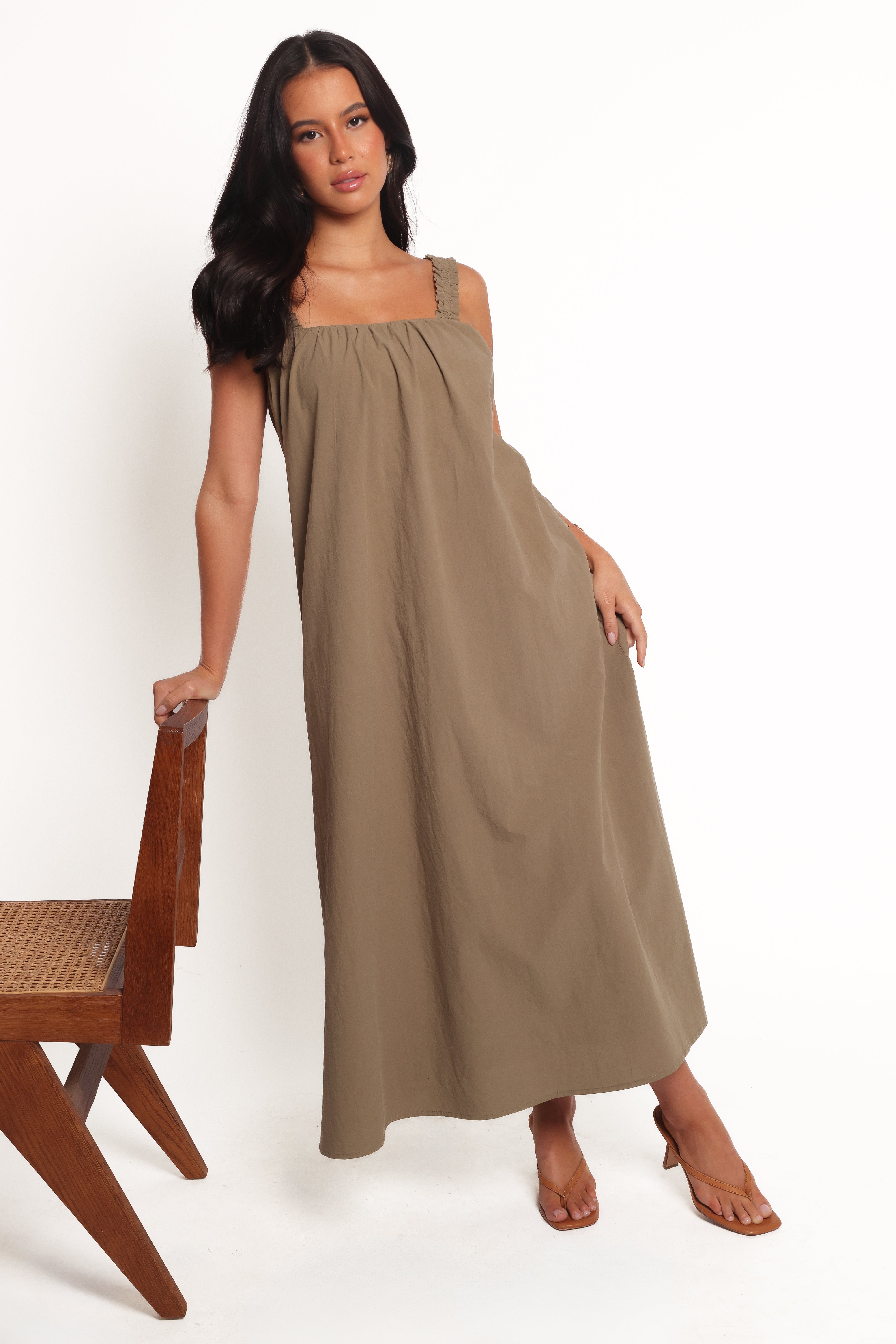 Alessandra Women's Olive Green Maxi Dress - Elegant Long Sleeve Flowy Summer Dress for Beach, Wedding & Casual Wear