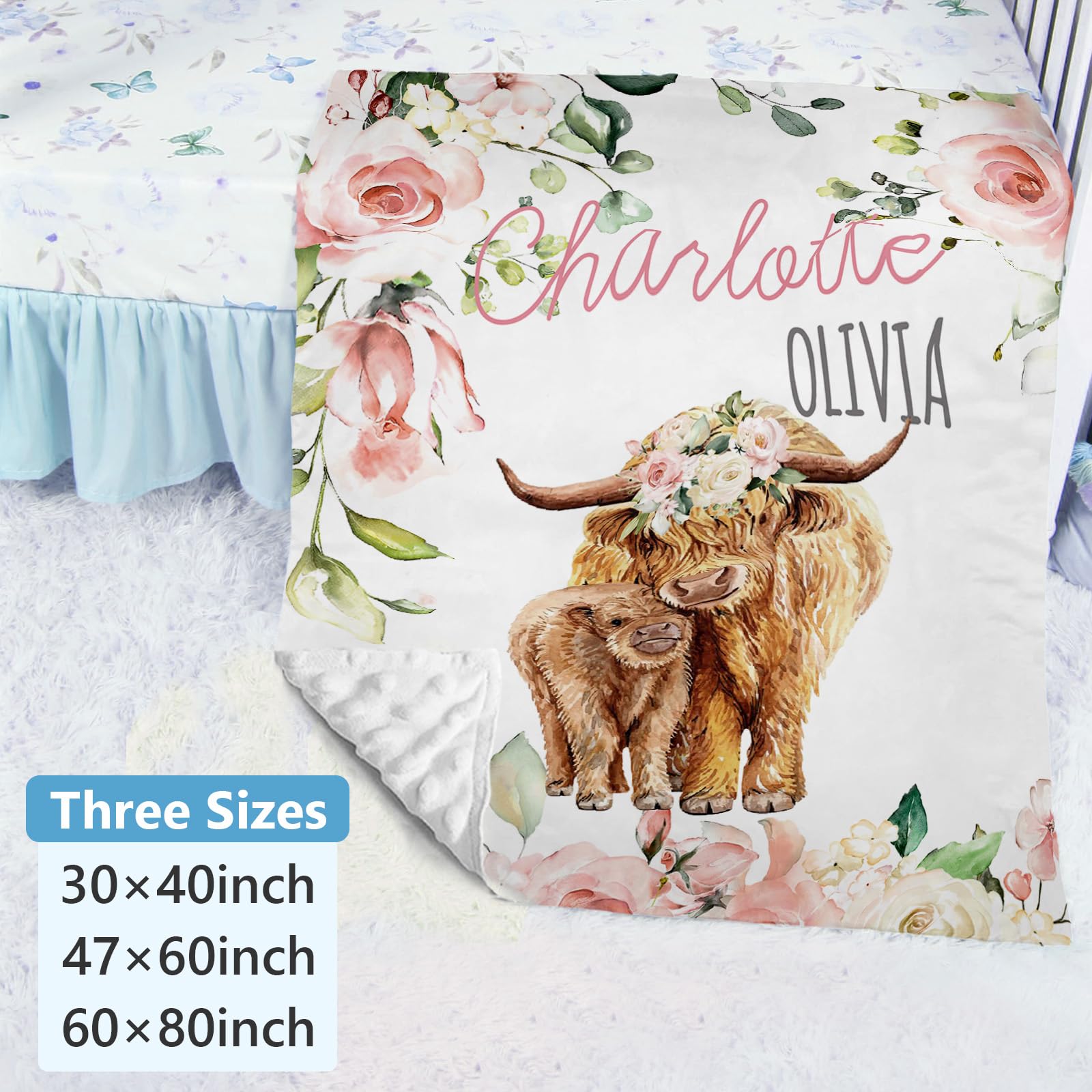 Custom Personalized Baby Crib Bedding Set - 5 Piece Rose Highland Cow Nursery Bedding with Name Embroidery | Soft Floral Crib Set for Newborn Girls & Boys | Perfect Baby Shower Gift & Nursery Decor (Standard Size)