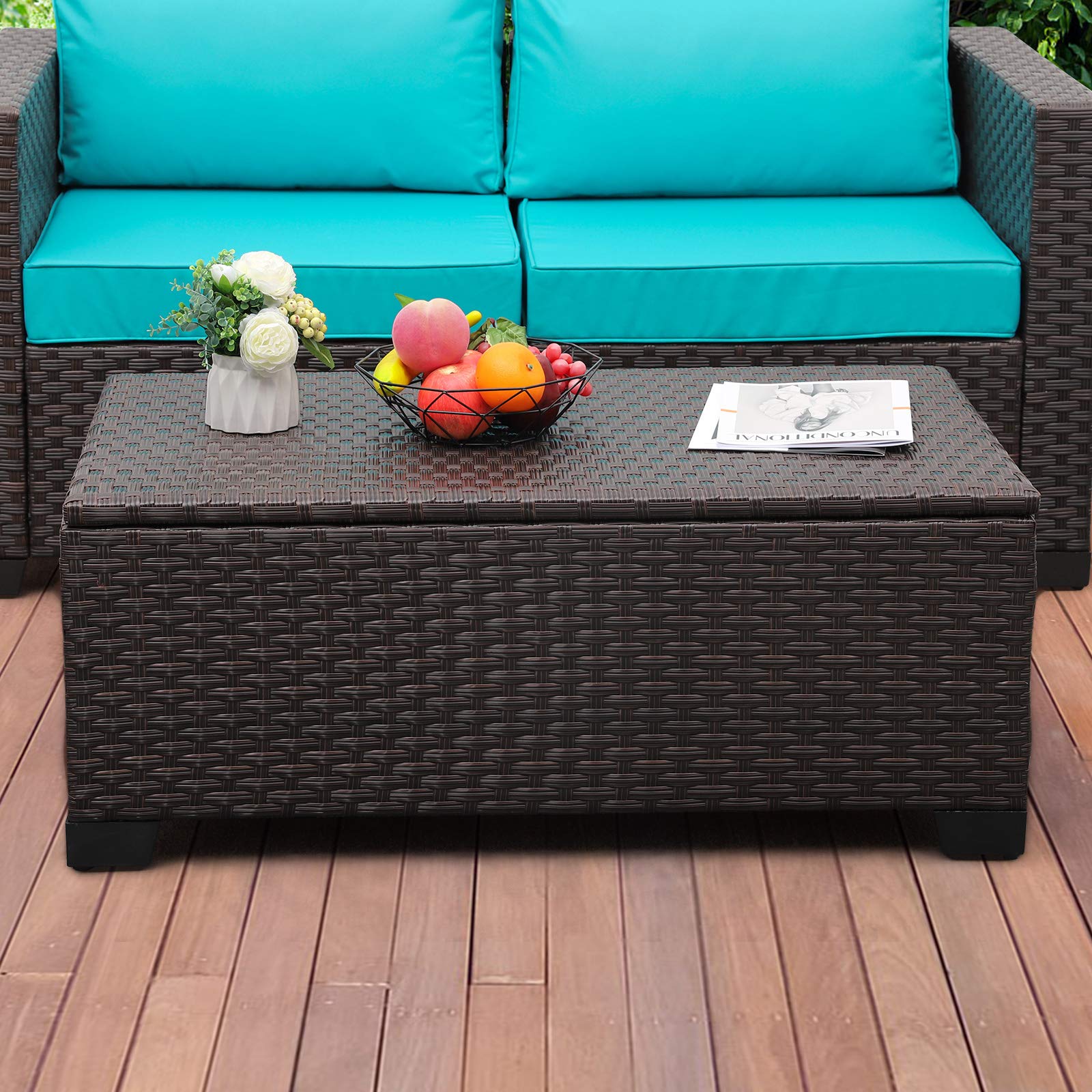 Rattan All-Weather Outdoor Coffee Table with Waterproof Cover - Weatherproof Wicker Patio Side Table for Garden, Poolside & Backyard Decor - Brown Storage End Table