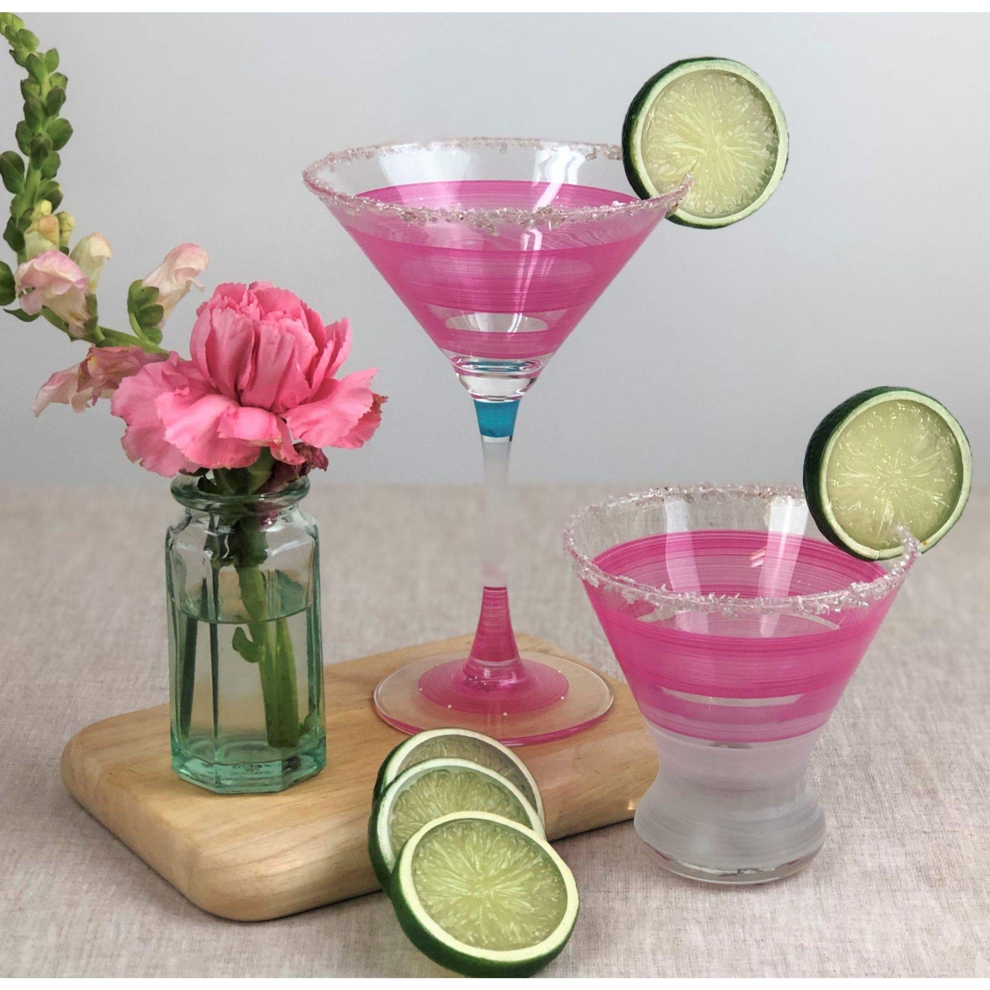 Set of 2 Pink Retro Stripe Hand Painted Cosmopolitan Wine Glasses - 8.25 oz Elegant Cocktail Glasses for Parties, Weddings & Home Bar Decor