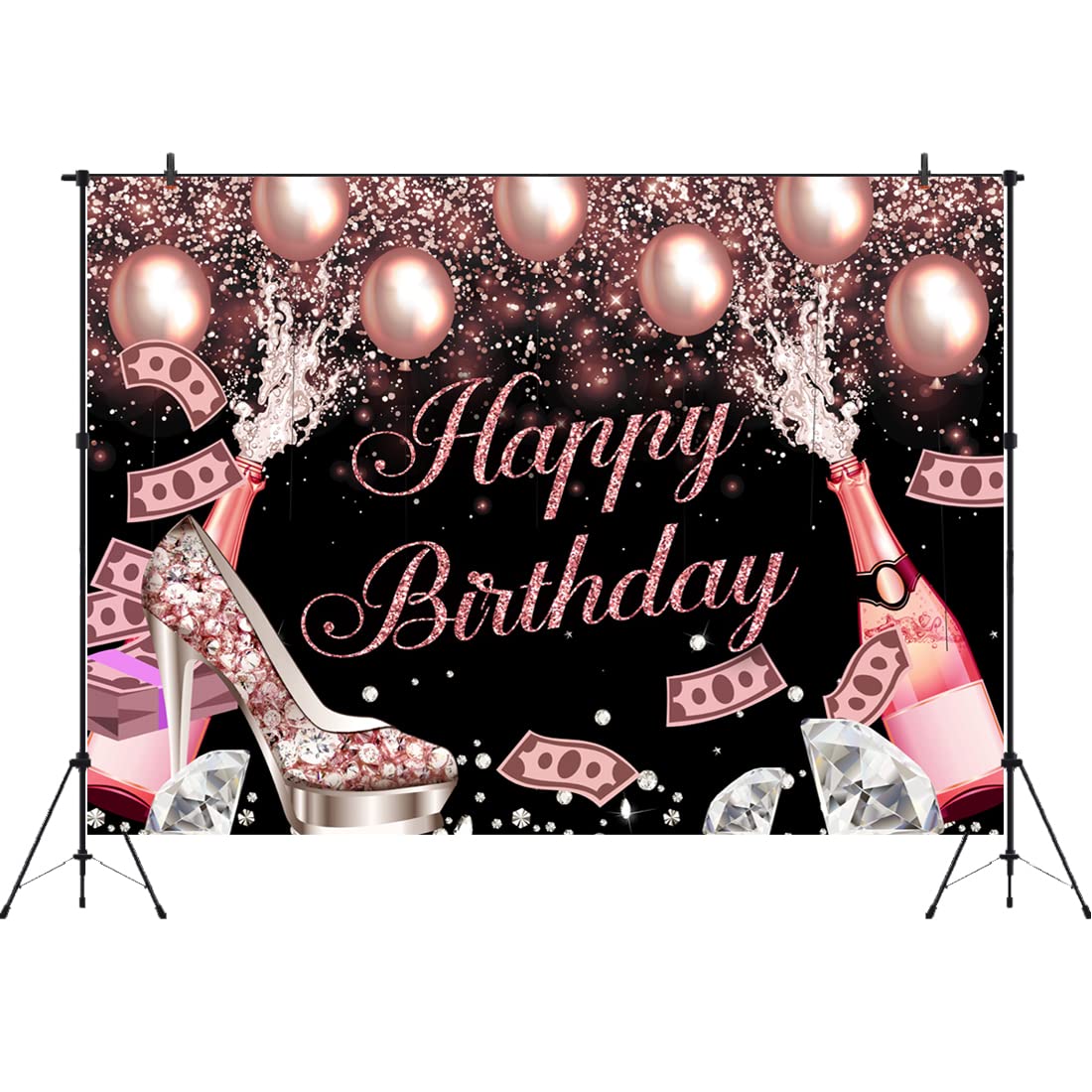 7x5ft Pink Rose Gold Happy Birthday Backdrop with Glitter Dots & Diamonds - Photography Background for Sweet 16, 18th Birthday Party Decorations - Perfect for Girls, Women, Cake Tables, Photo Booths & Banner Supplies