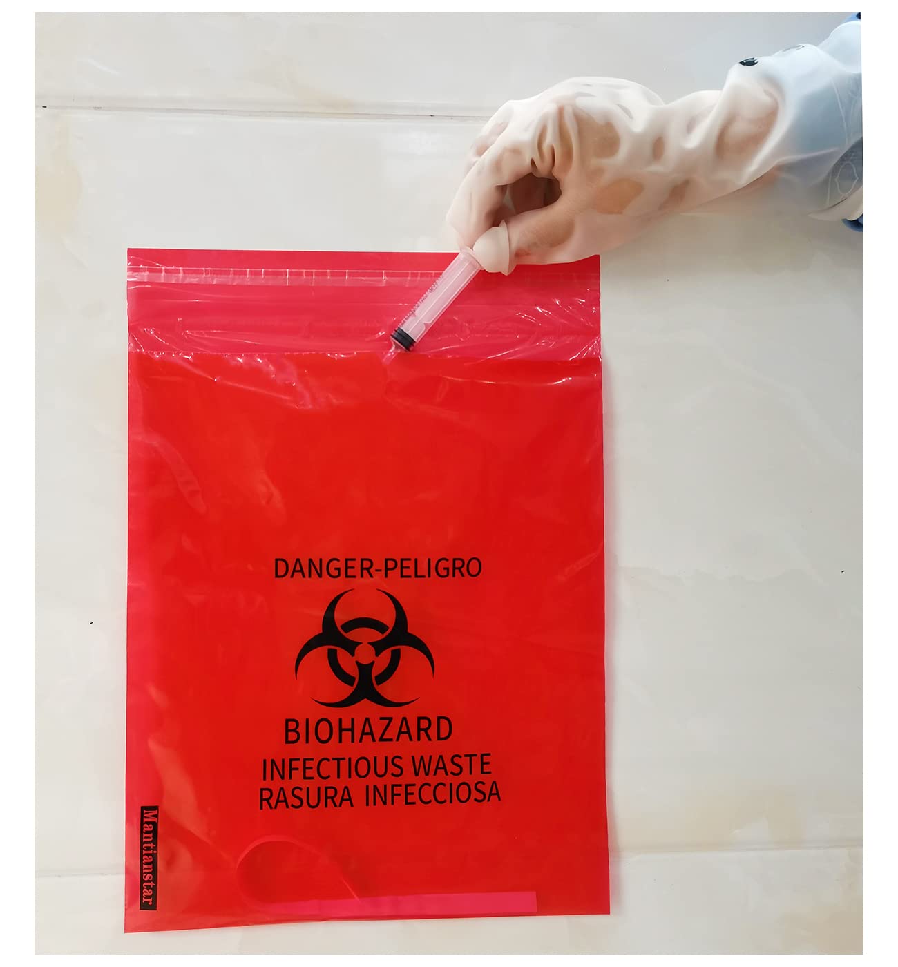 Biohazard Waste Bags - 10x14 Inches (25x35cm) Red Stick-On Infectious Waste Disposal Bags for Medical, Laboratory & Healthcare Use
