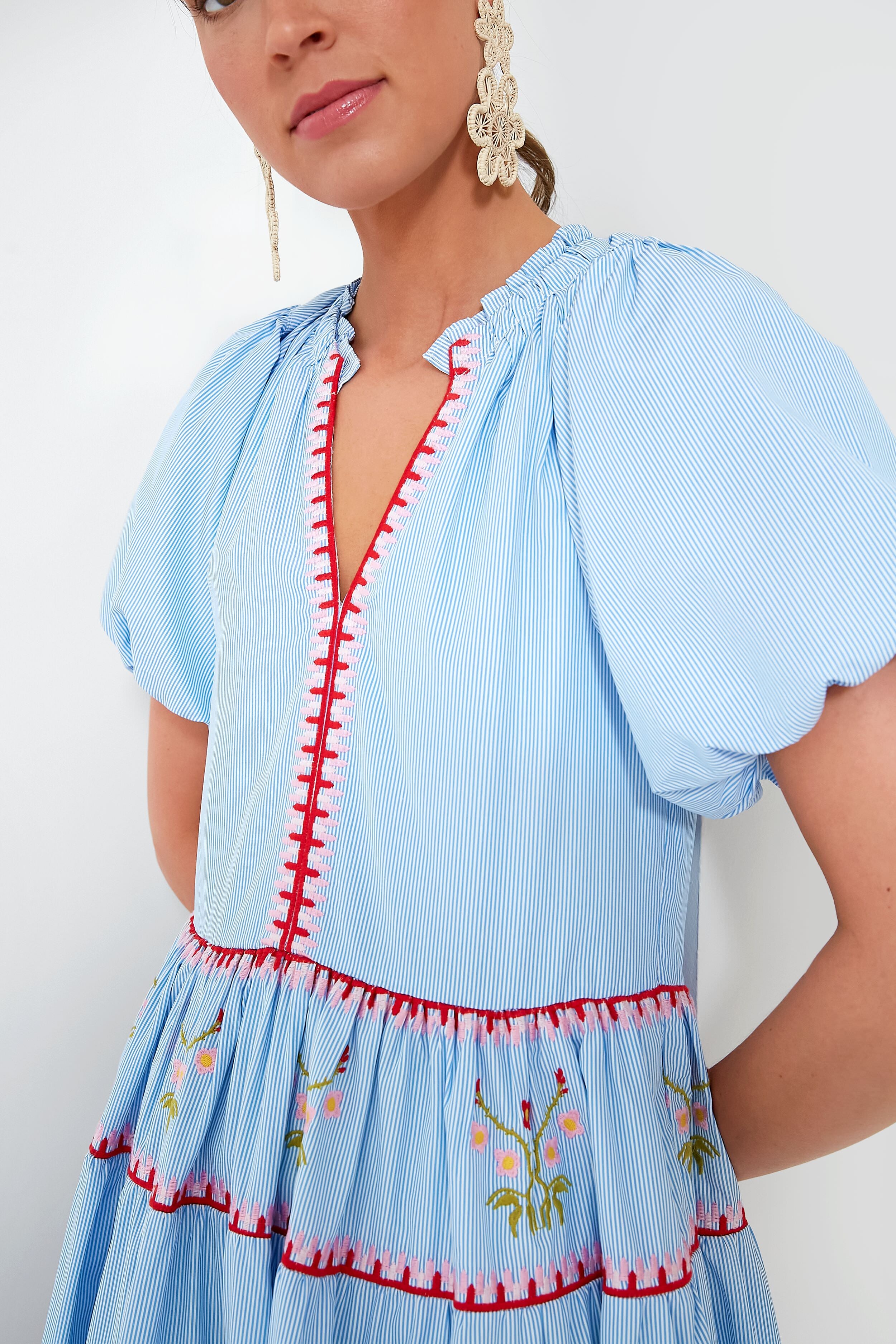 Blue Pinstripe Embroidered V-Neck Lillian Maxi Dress for Women | Elegant Floral Embroidered Summer Dress for Weddings, Parties & Beach Vacations