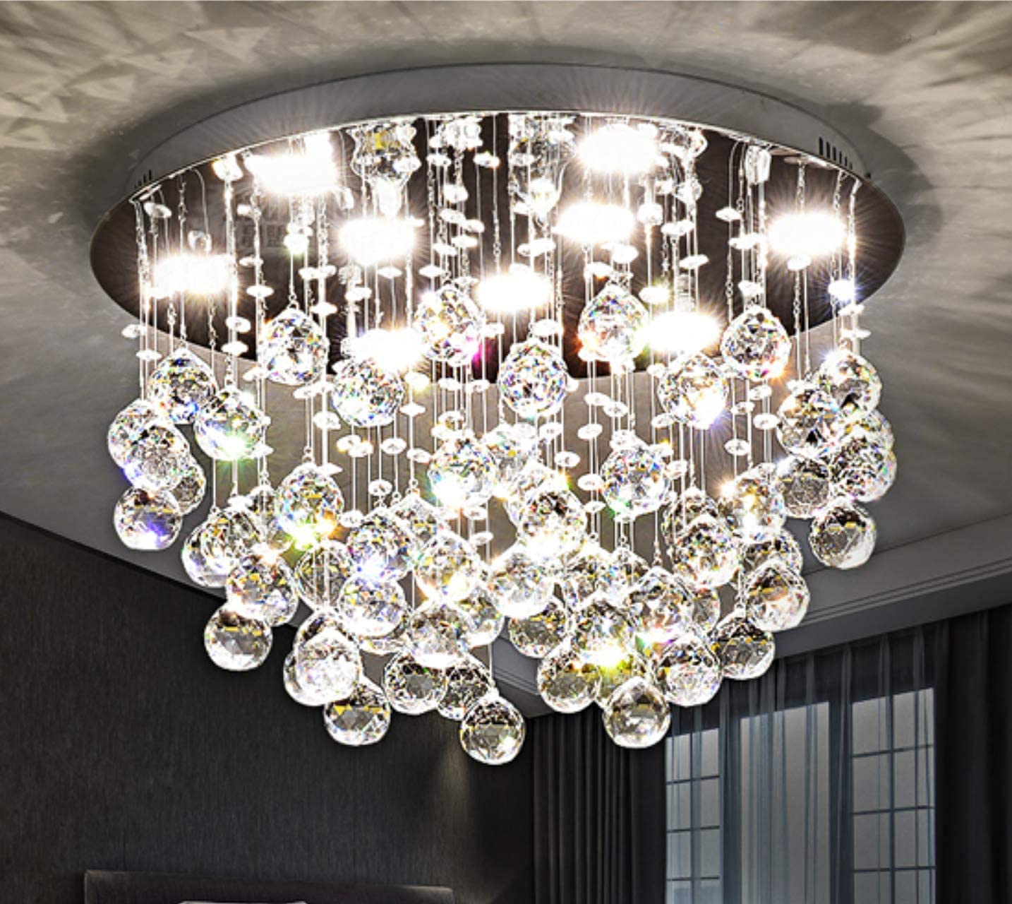 Saint Mossi 9-Lights Modern Crystal Chandelier - K9 Crystal Flush Mount Ceiling Light Fixture - Elegant Raindrop Design for Bedroom, Dining Room & Living Room - 13
