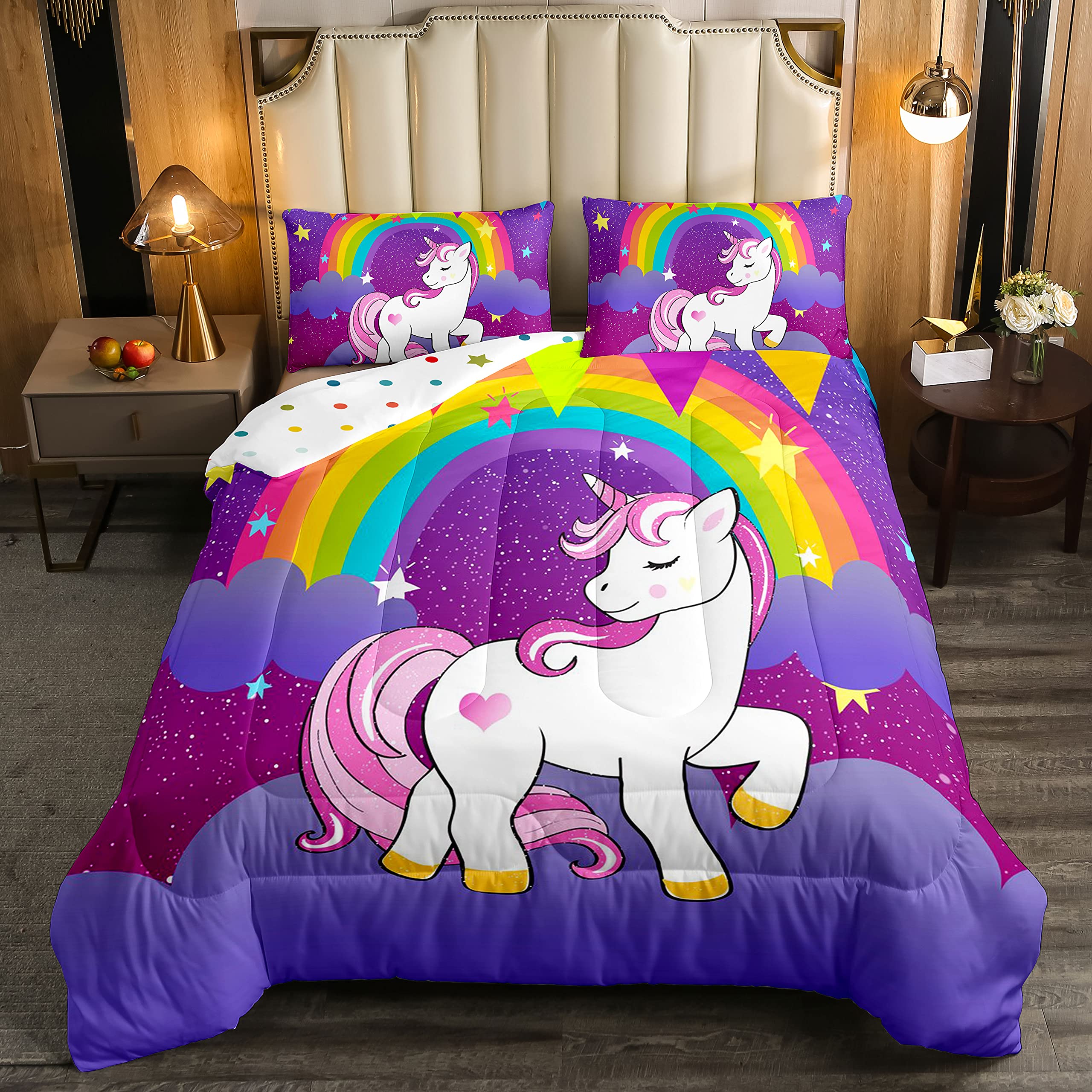 Erosebridal Queen Size Kids Unicorn Down Comforter Set - Cute Unicorn Print Bedding for Girls | Soft White & Purple Unicorn Duvet Cover with Animal Cartoon Design | Perfect for Girls' Bedroom, Sleepovers & Fantasy Themed Decor