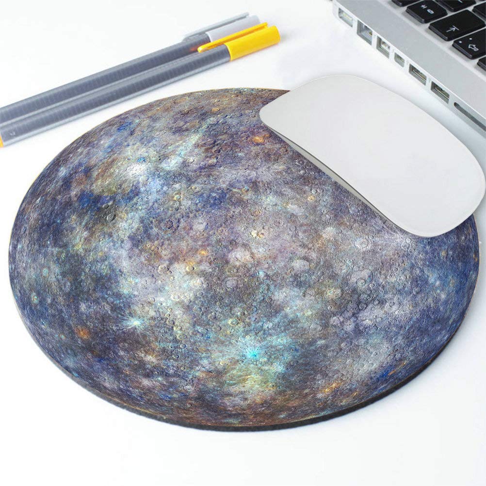 Premium Blue Space-Themed Mercury Planet Round Mouse Pad - Non-Slip Office Desk Mat for Gaming, Work & Home Use - Unique Gift for Friends & Colleagues