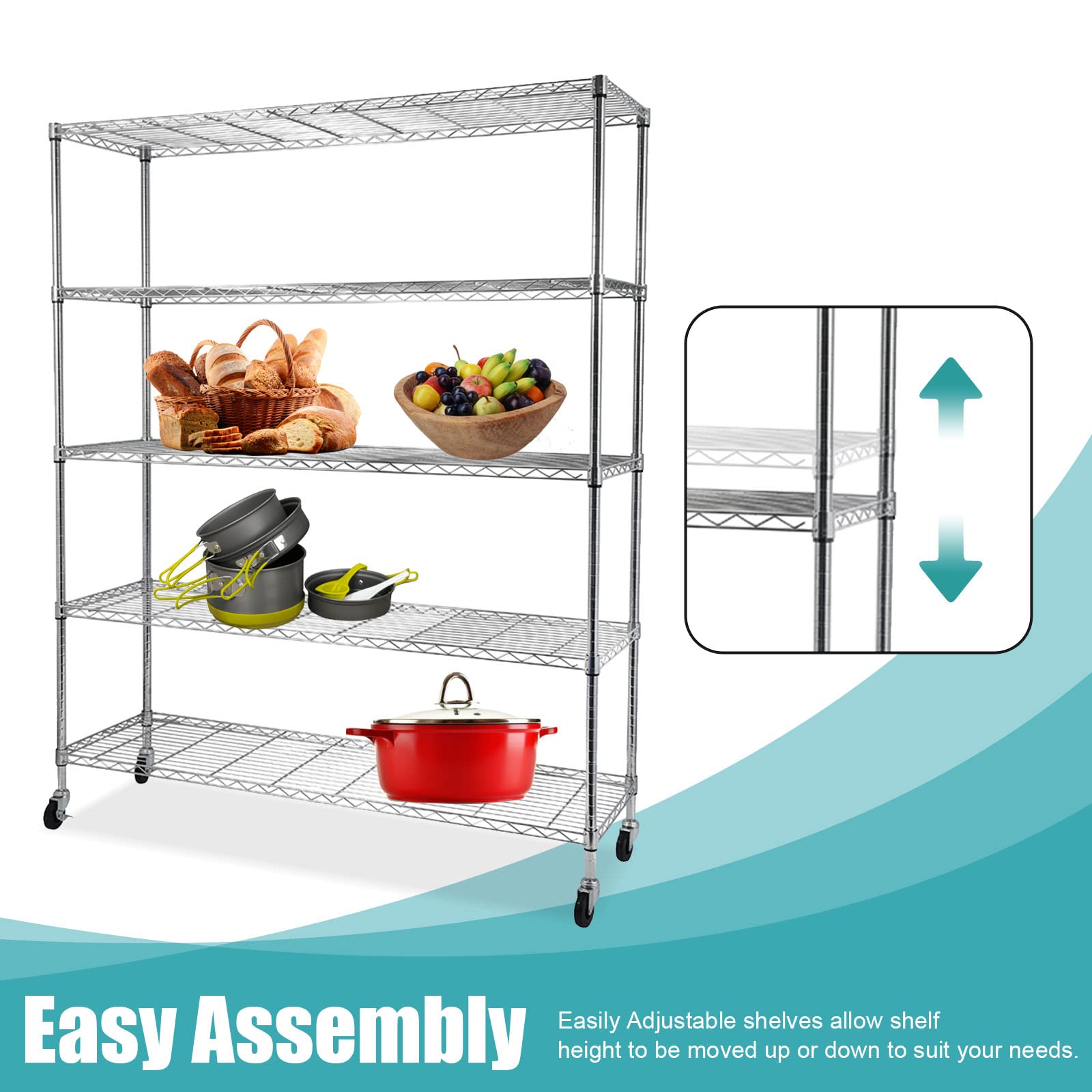 5-Tier Heavy Duty Adjustable Wire Shelving Unit with Wheels - 59