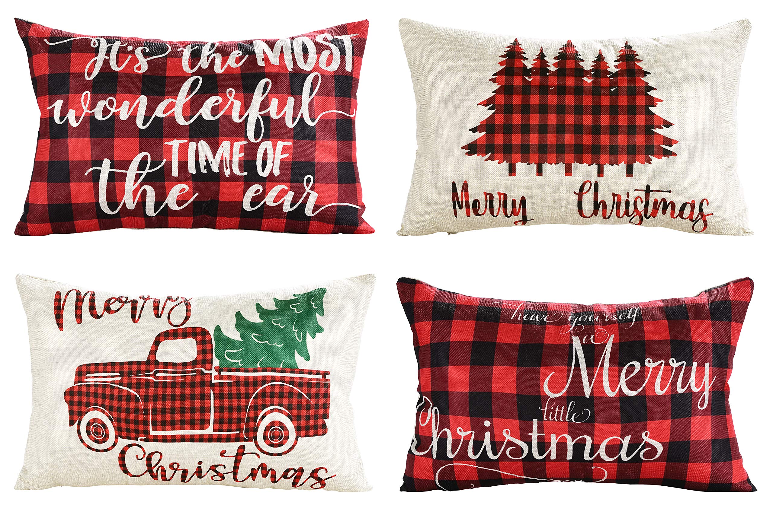 Lanpn Christmas 12x20 Throw Pillow Covers Set of 4 - Buffalo Plaid Farmhouse Holiday Decor for Couch, Sofa & Outdoor Use - Merry Christmas Xmas Lumbar Pillow Shams for Living Room, Porch & Seasonal Home Decor