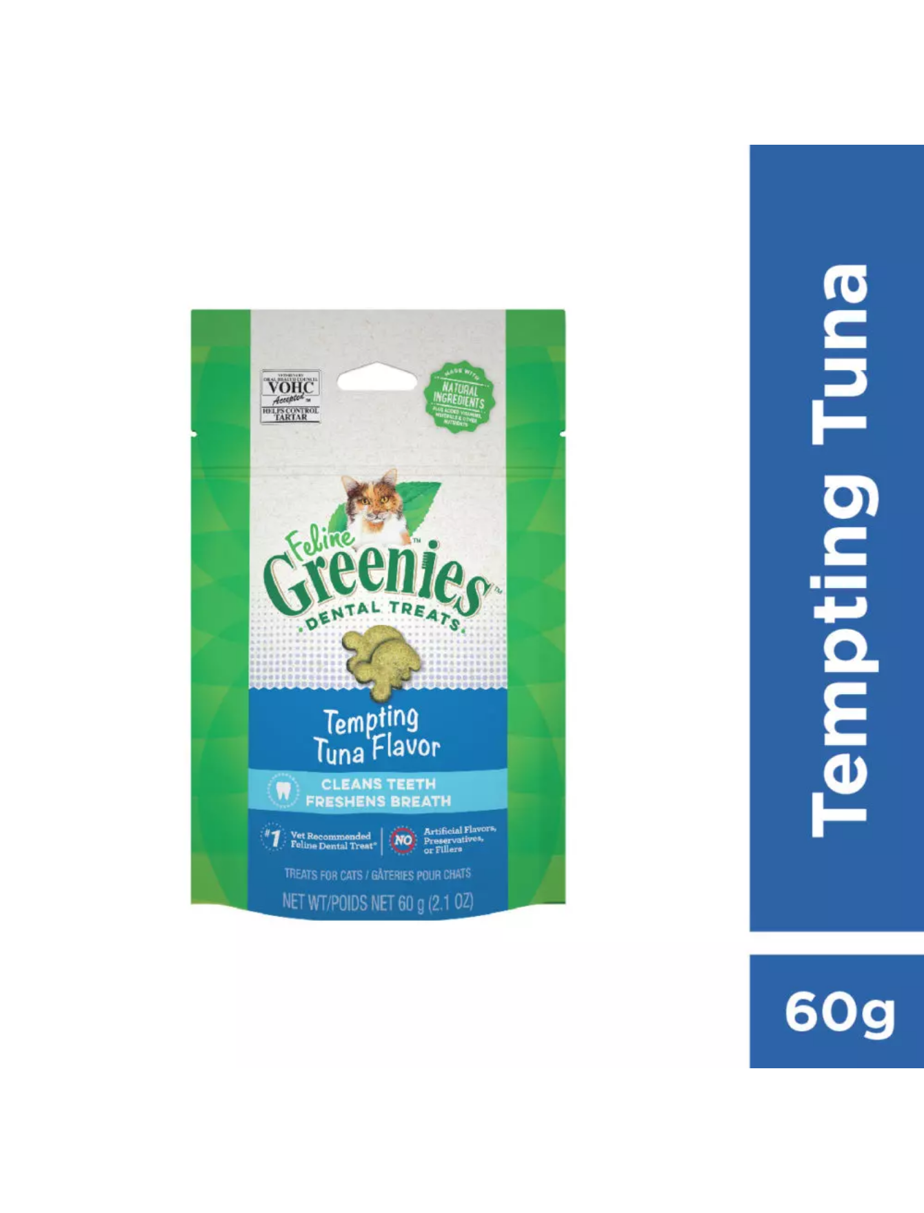Greenies Feline Dental Cat Treats for Tartar Control - Tempting Tuna Flavor 60g - Healthy Teeth Snacks for Indoor & Outdoor Cats