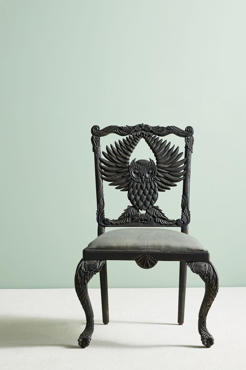 Hand Carved Black Owl Wooden Dining Table Chairs Set - Elegant Handcrafted Wood Furniture for Dining Room, Kitchen, or Office - Perfect for Home Decor and Gifts