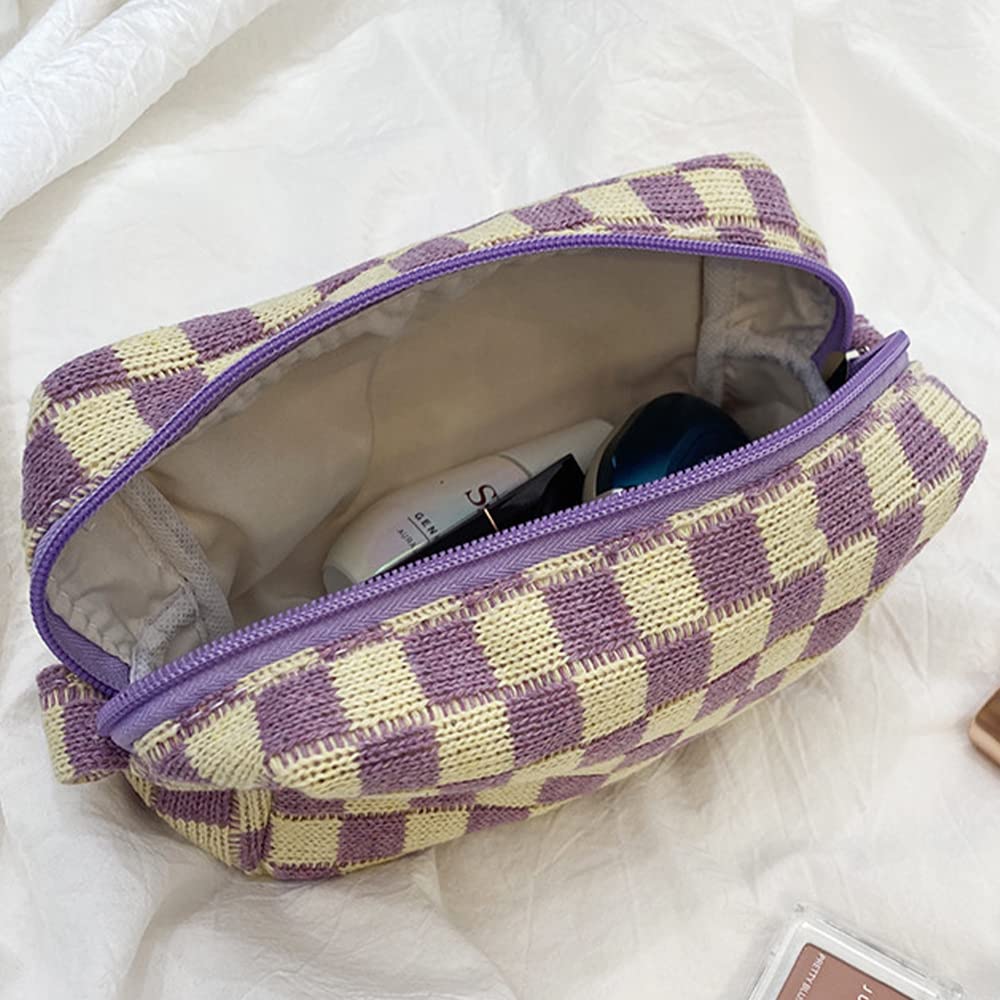 2 Pcs Small Checkered Makeup Bag Set - Mini Cosmetic Pouch & Brush Organizer for Purse, Travel Essentials | Cute Aesthetic Accessories Storage for Women | Perfect for Daily Use, Traveling & Gift Giving