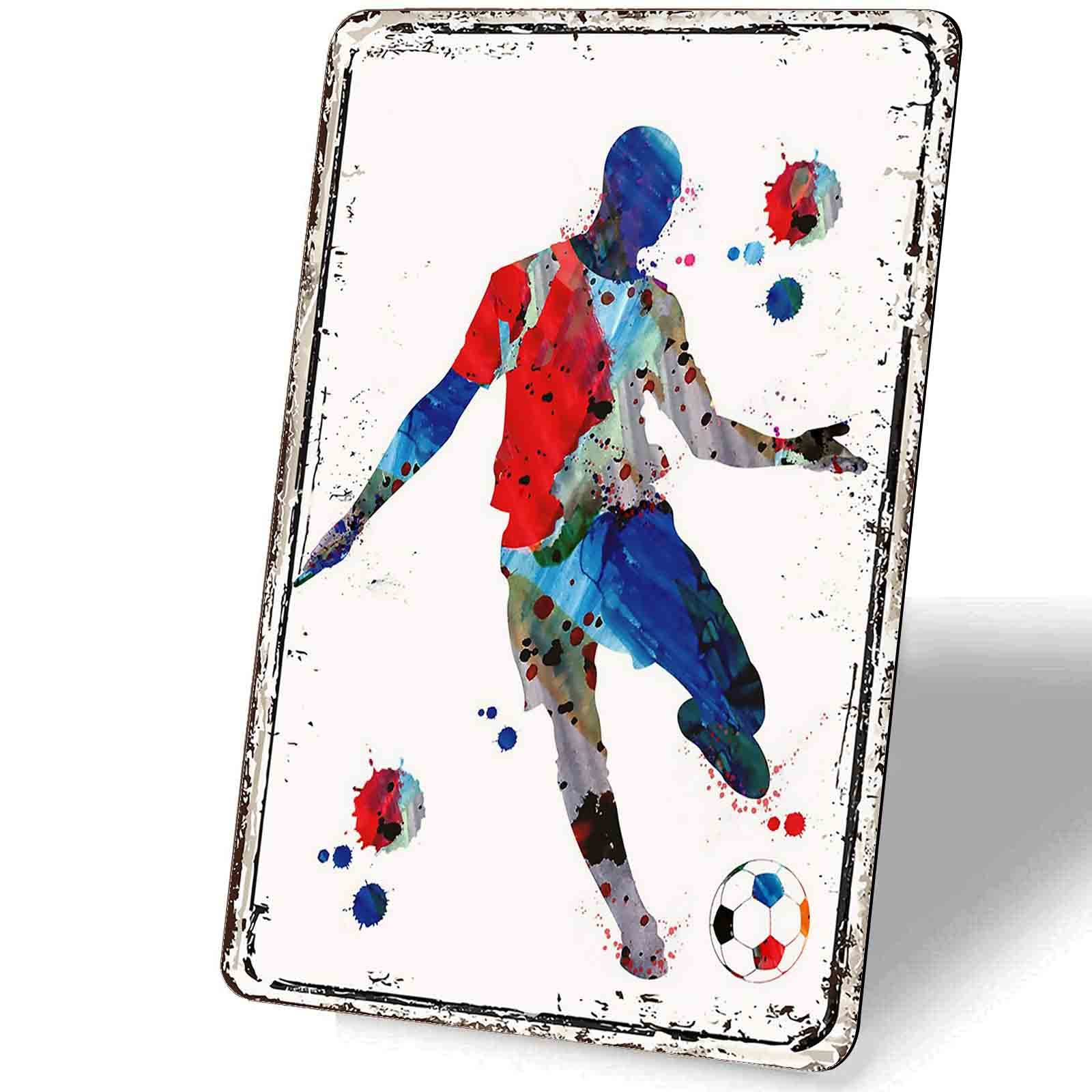 Vintage Metal Soccer Player Wall Art - 8x12 Inch Football Sports Tin Sign for Bathroom, Office & Man Cave Decor - Perfect for Soccer Fans, Therapist Office & Sports Themed Rooms