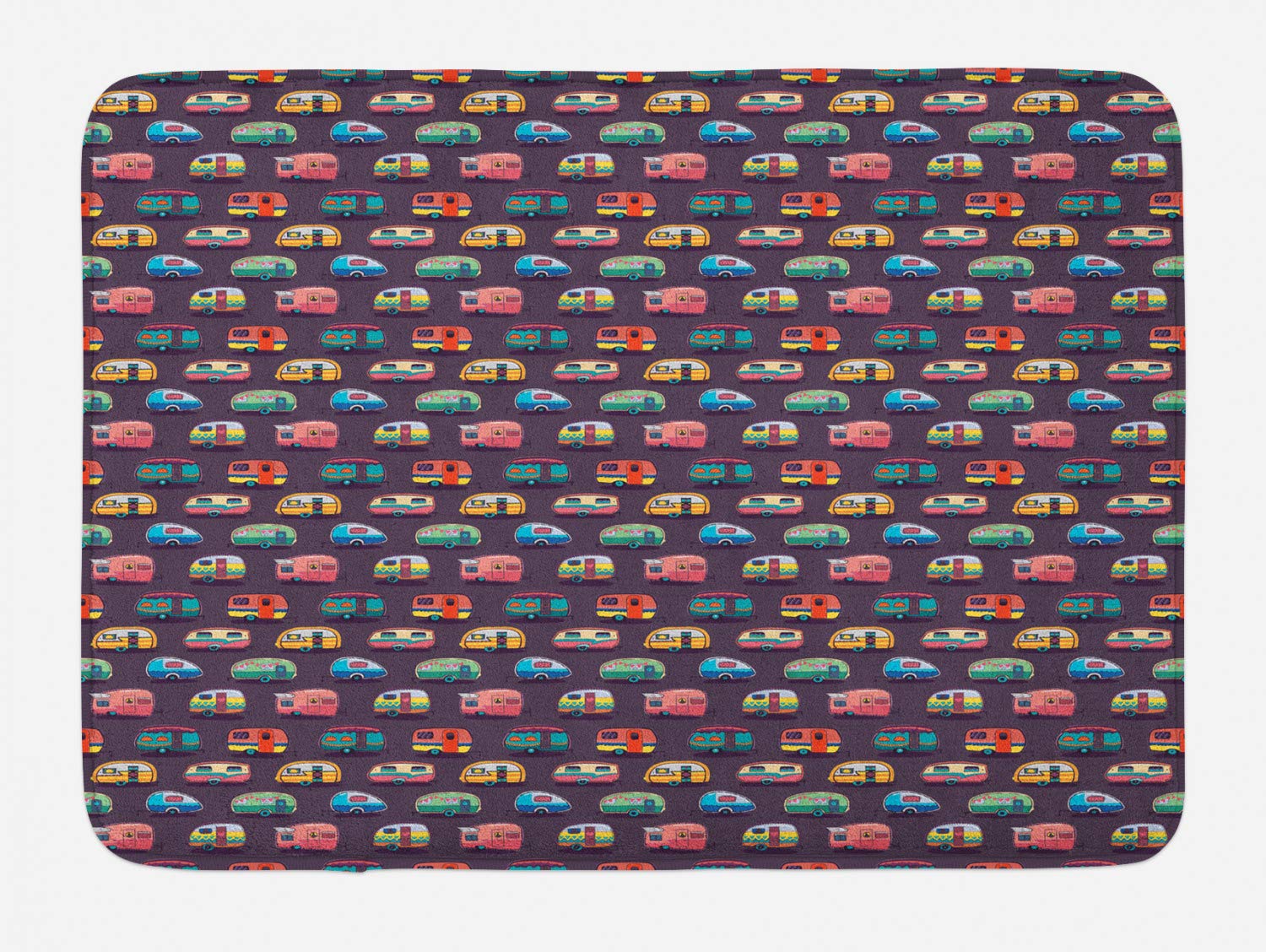 Ambesonne Happy Camper Bath Mat - Retro Travel Themed Non-Slip Plush Bathroom Rug with Colorful Vans Design, 30.2 x 20 Inches, Multicolor - Perfect for Camping Enthusiasts & Vintage Decor Lovers