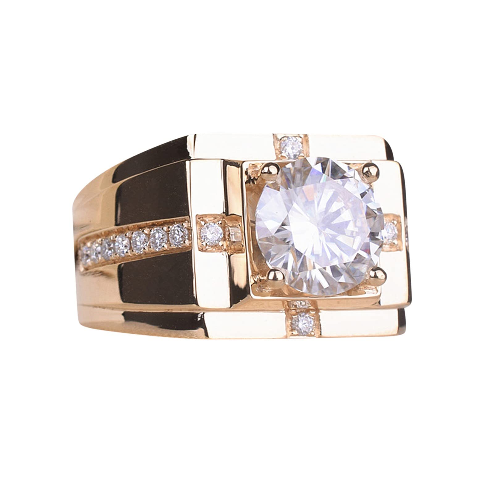 Simulated Diamond Halo Men's Ring - Gold Plated Moissanite Wedding Band with Blue Crystal Accents | Elegant Jewelry for Grooms, Anniversaries & Special Occasions