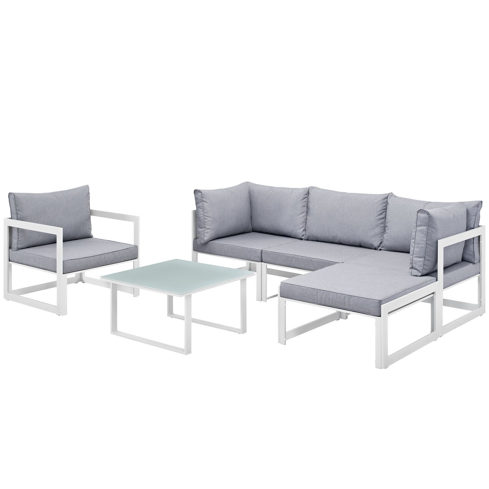 Modern Urban Contemporary 6-Piece Outdoor Patio Sectional Sofa Set - White & Grey Fabric with Steel Frame for Backyard, Garden, and Poolside Relaxation