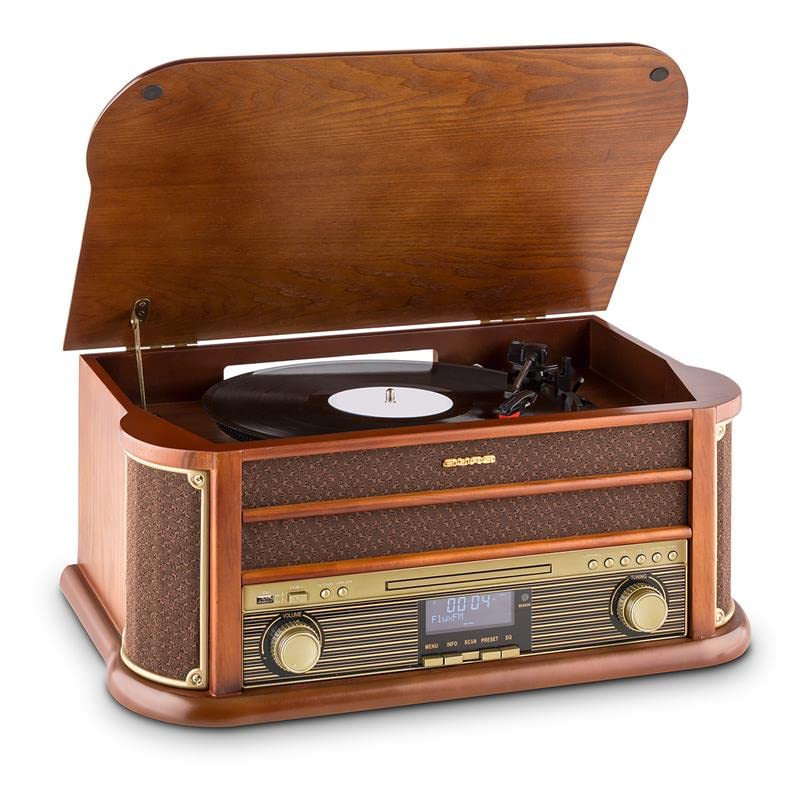 Vintage AUNA Belle Epoque 1908 Retro Record Player with Bluetooth - 3-Speed Belt Drive Turntable, Built-in Stereo Speakers, AM/FM Radio, USB/CD/Cassette Player - Perfect for Vinyl Collectors & Home Decor (Brown)