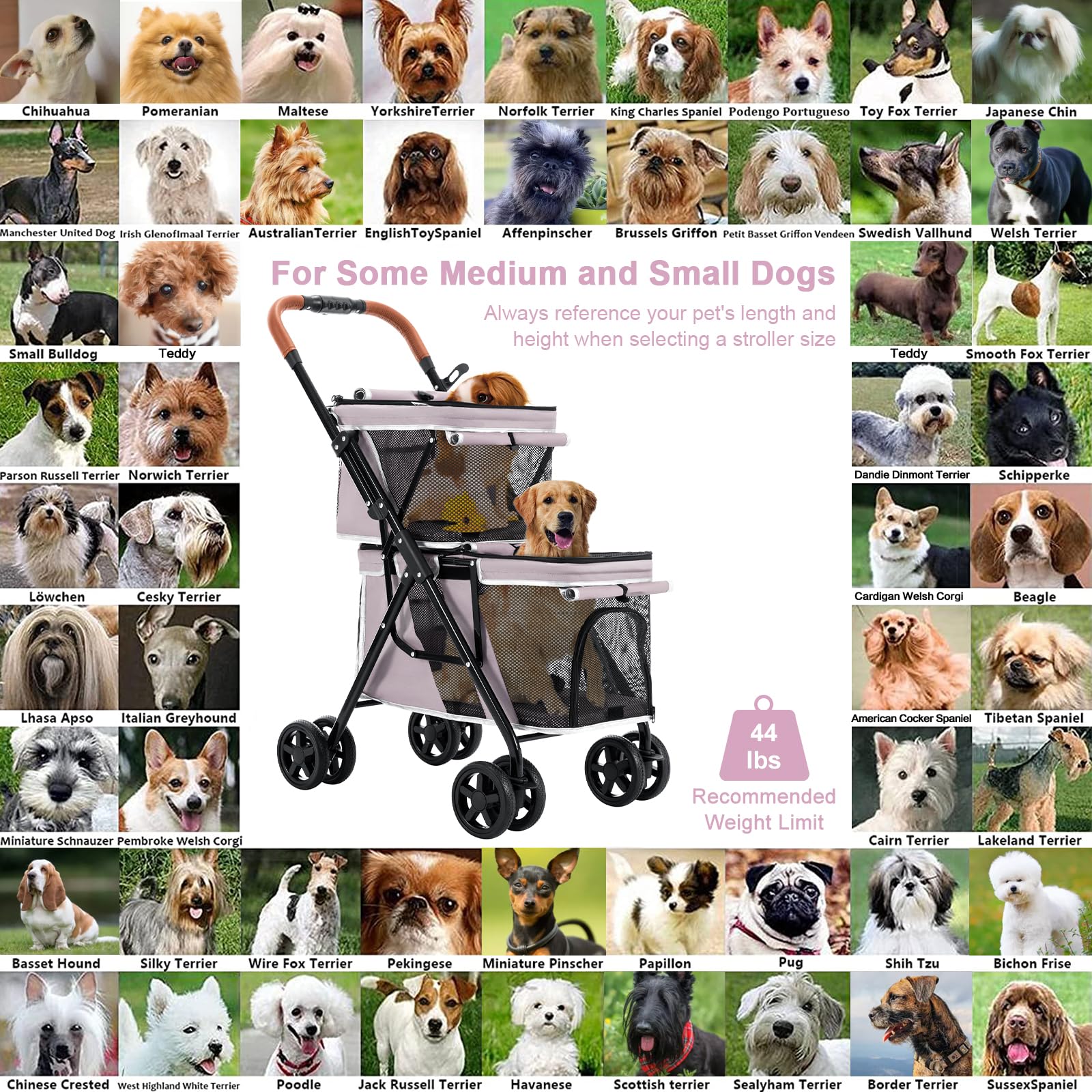 Double Pet Stroller for Dogs and Cats - Lightweight Foldable Travel Carrier with 4 Wheels for Small & Medium Pets (Pink) | Perfect for Park Walks, Vet Visits & Shopping Trips