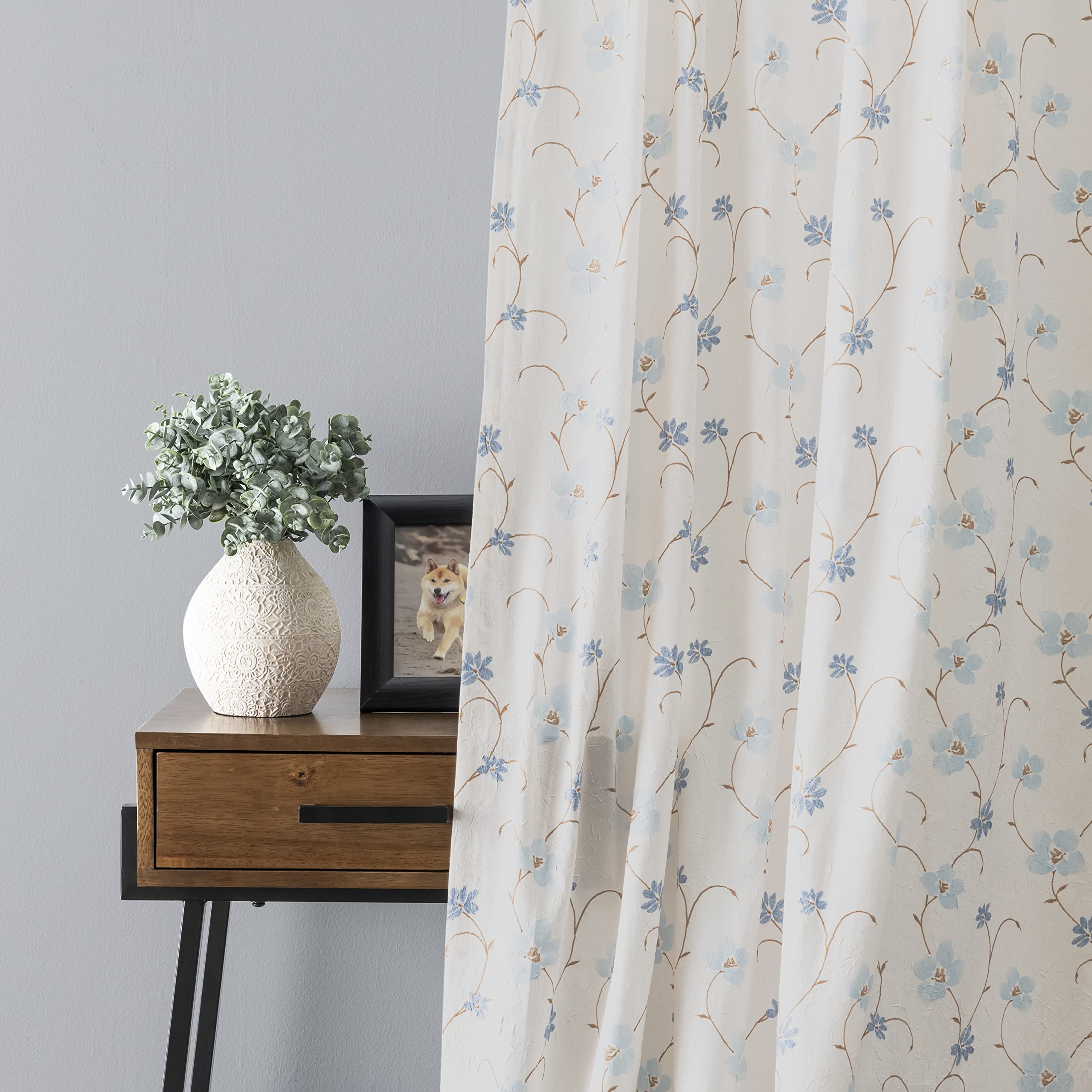 Ellis Zoe Crushed Taffeta Floral Print Curtain Panel - 48x84 Inch Blue Window Drapes for Living Room & Bedroom Decor