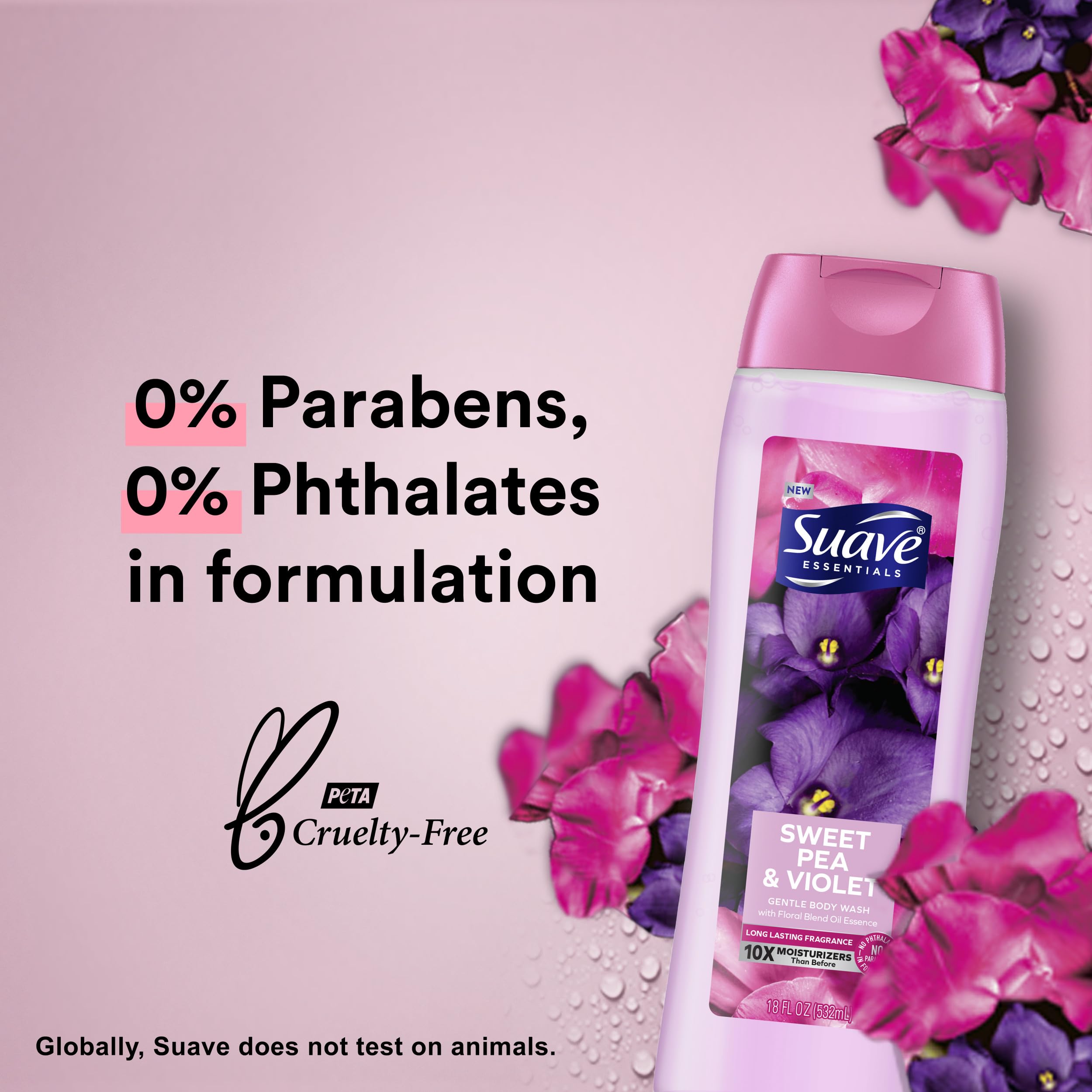 Suave Body Wash Variety 2-Pack, Sweet Pea & Violet + Wild Cherry Blossom - Moisturizing Floral Scented Shower Gel for Women & Men, 18 Oz Each | Perfect for Daily Hydration & Relaxing Bath Time
